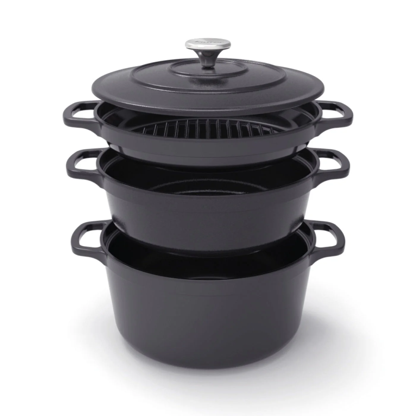 Batterie De Cuisine Empilable En Fonte 4 Pièces (Cocotte + Sauteuse + Poêle Grill) + 4 Protections En Silicone - Noir - Image 5