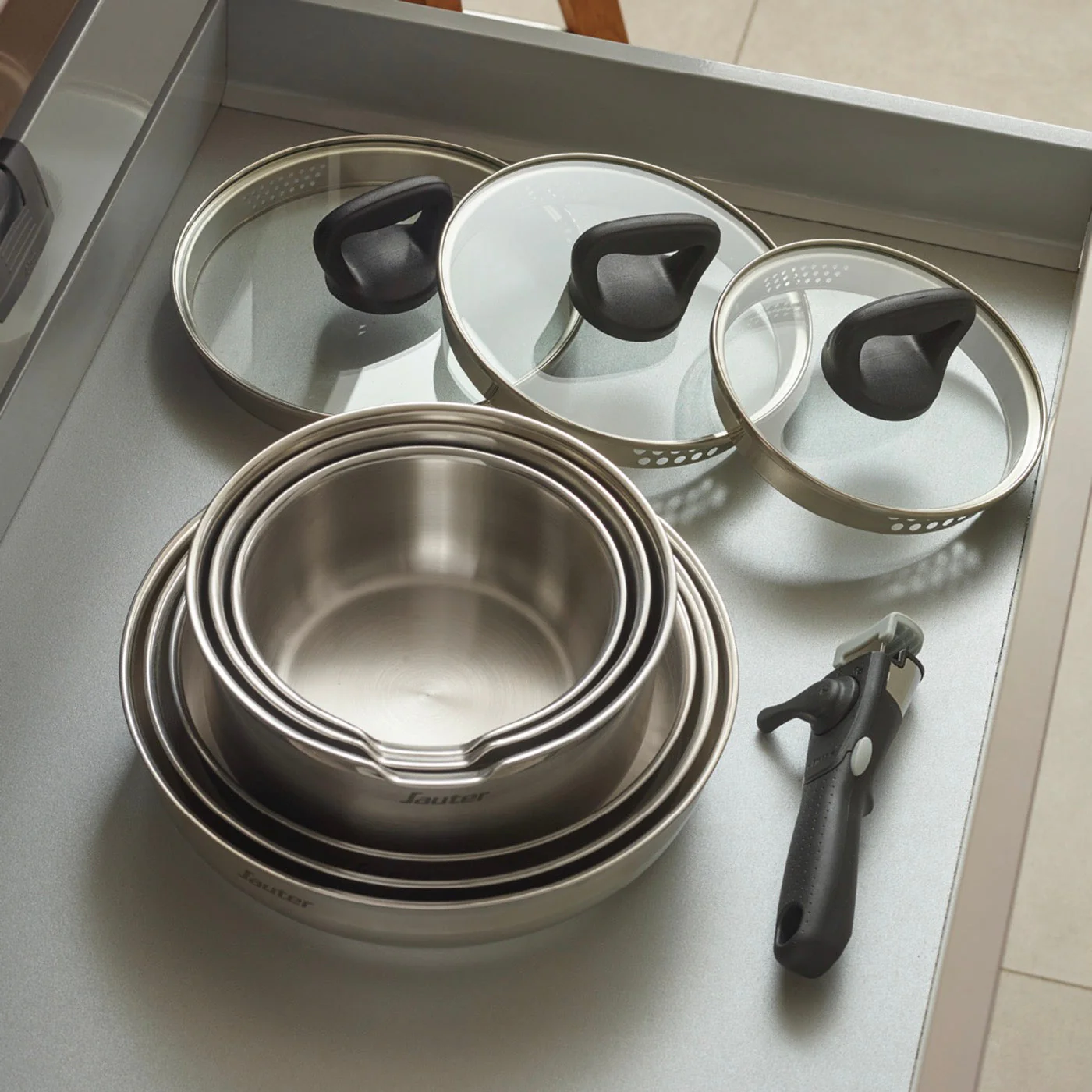 Set De 3 Poêles Anti-Adhésives Avec Poignée Amovible & 3 Protège-Poêles - Amo Ceramic - Argenté - Image 5