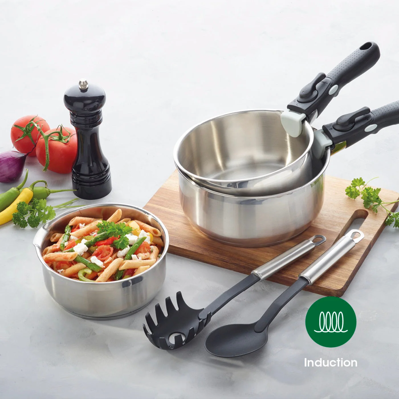 Set De 3 Casseroles En Inox Avec Poignée Amovible + 3 Couvercles Passoires Avec Manche En Inox - Argenté - Image 4