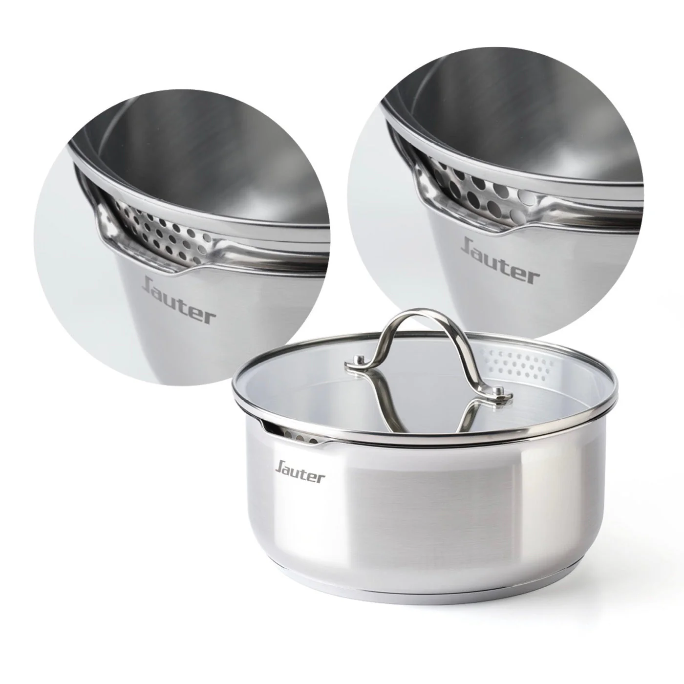 Set De 3 Casseroles En Inox Avec Poignée Amovible + 3 Couvercles Passoires Avec Manche En Inox - Argenté - Image 5