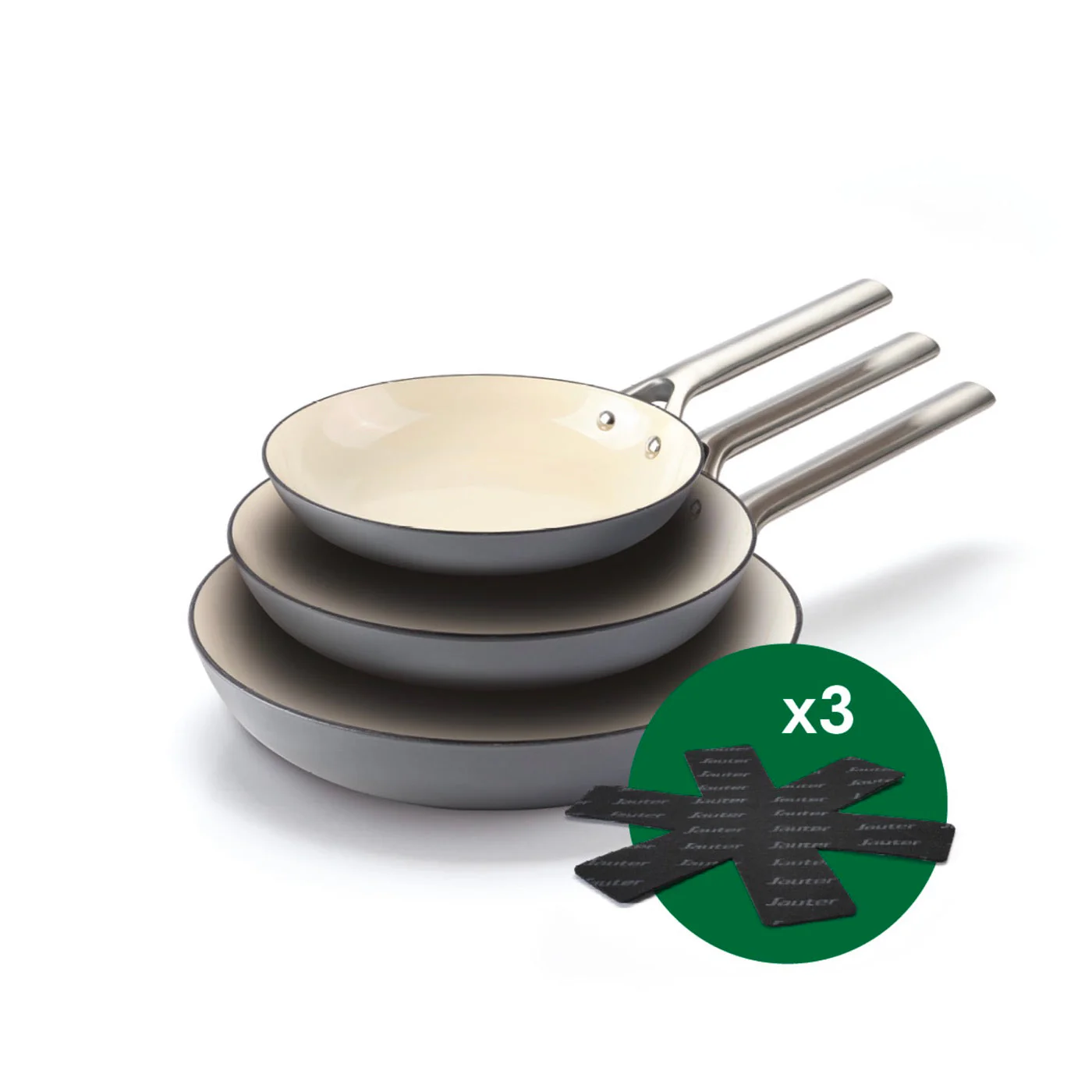 Set De 3 Poêles En Fonte Émaillée Avec Poignée En Inox - Gris Foncé/Crème + Set De 3 Separateurs De Poêle - Foncé/Crème + Noir - Image 3