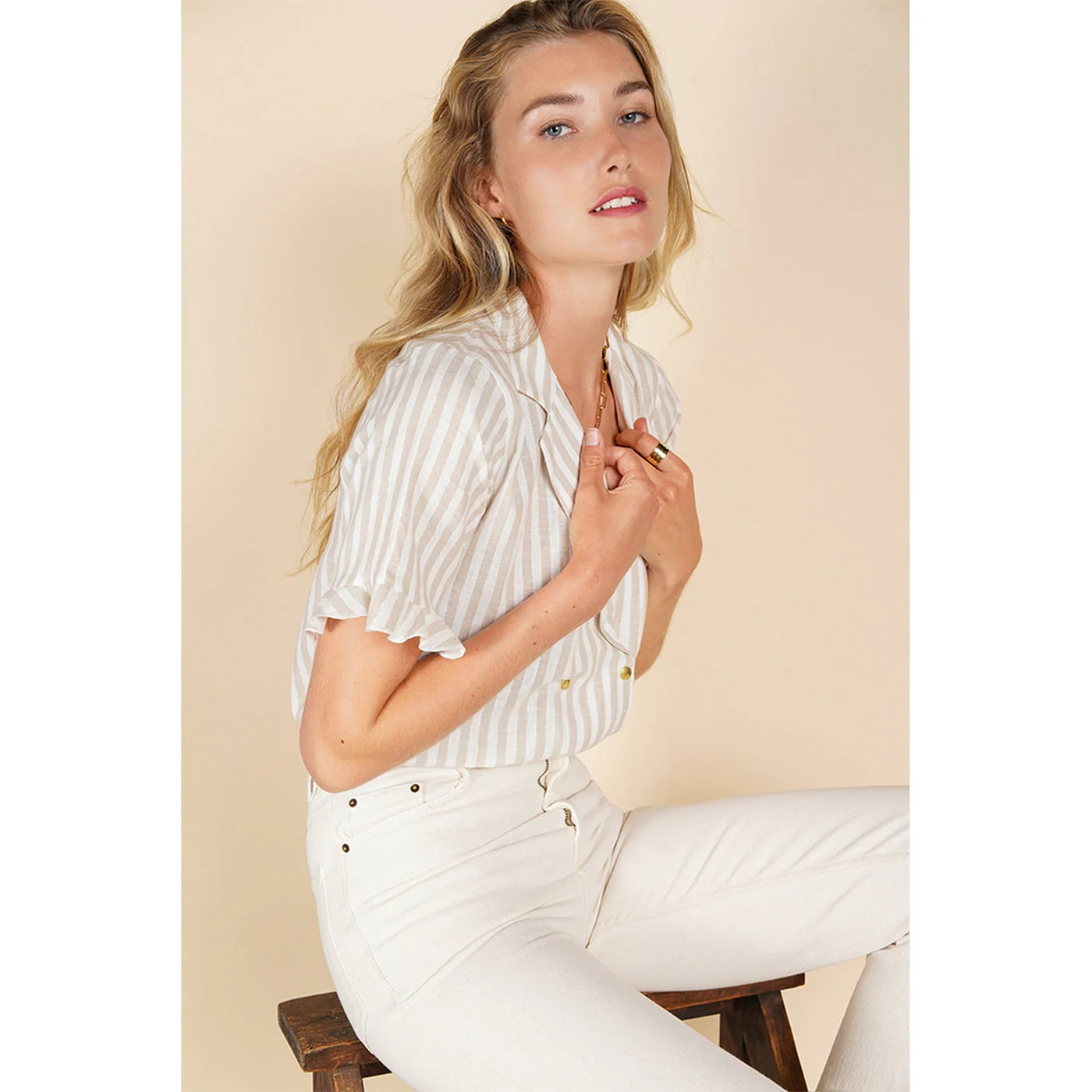 Chemise Bari - Rayures Blanc/Beige - Image 3