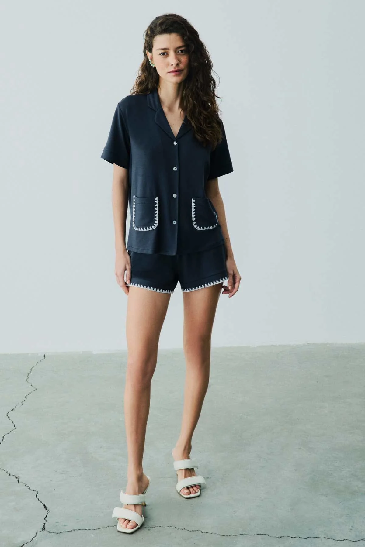 Ensemble De Pyjama Court Détaillé En Point De Viscose Talia - Bleu - Image 2