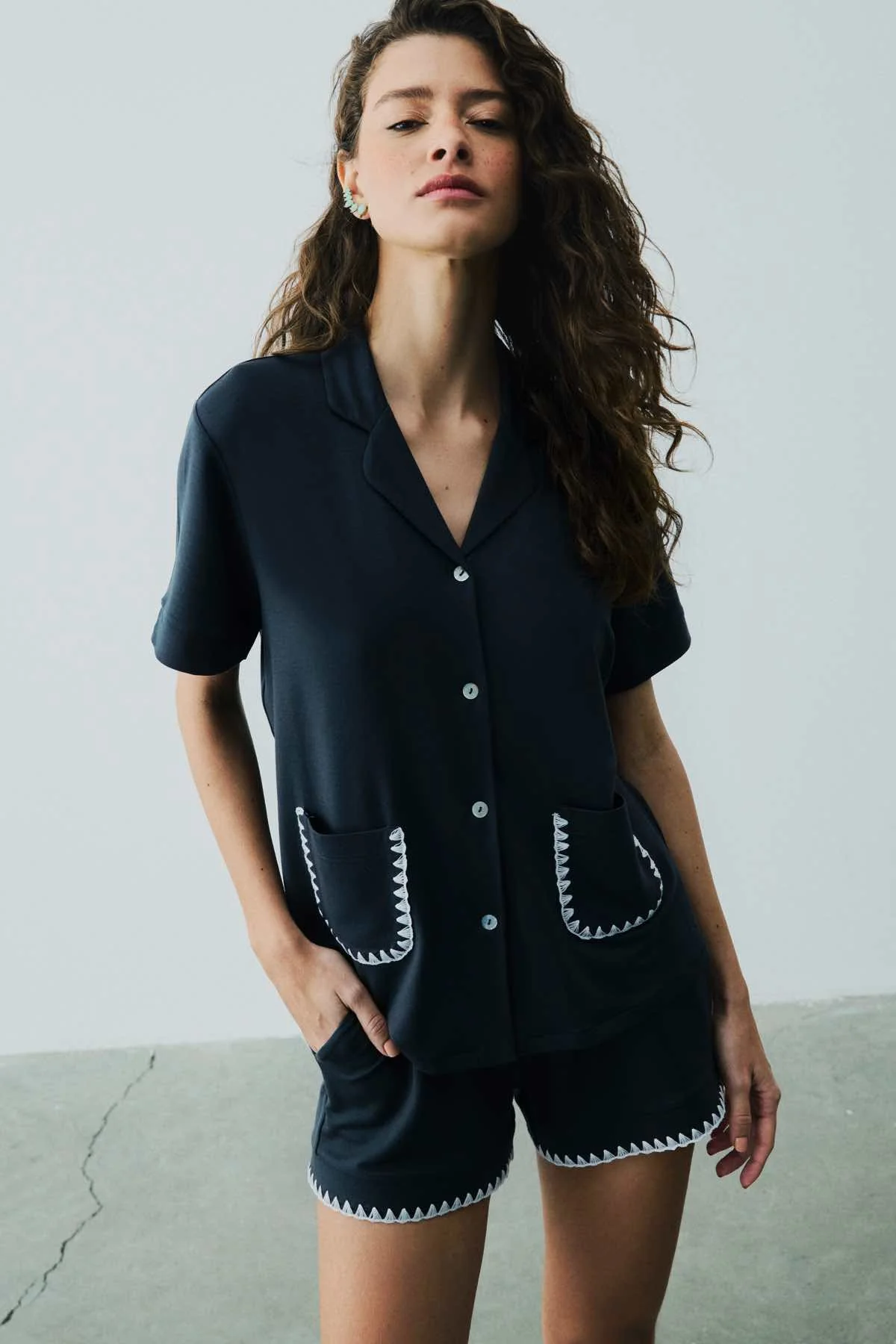 Ensemble De Pyjama Court Détaillé En Point De Viscose Talia - Bleu - Image 3