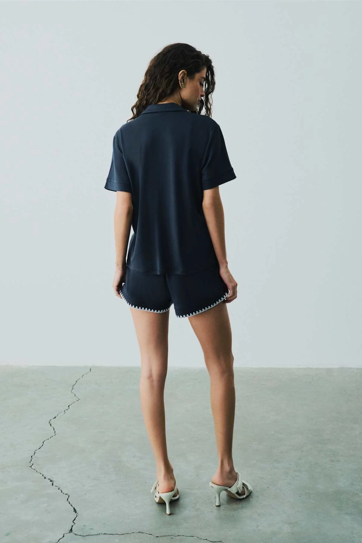 Ensemble De Pyjama Court Détaillé En Point De Viscose Talia - Bleu - Image 4