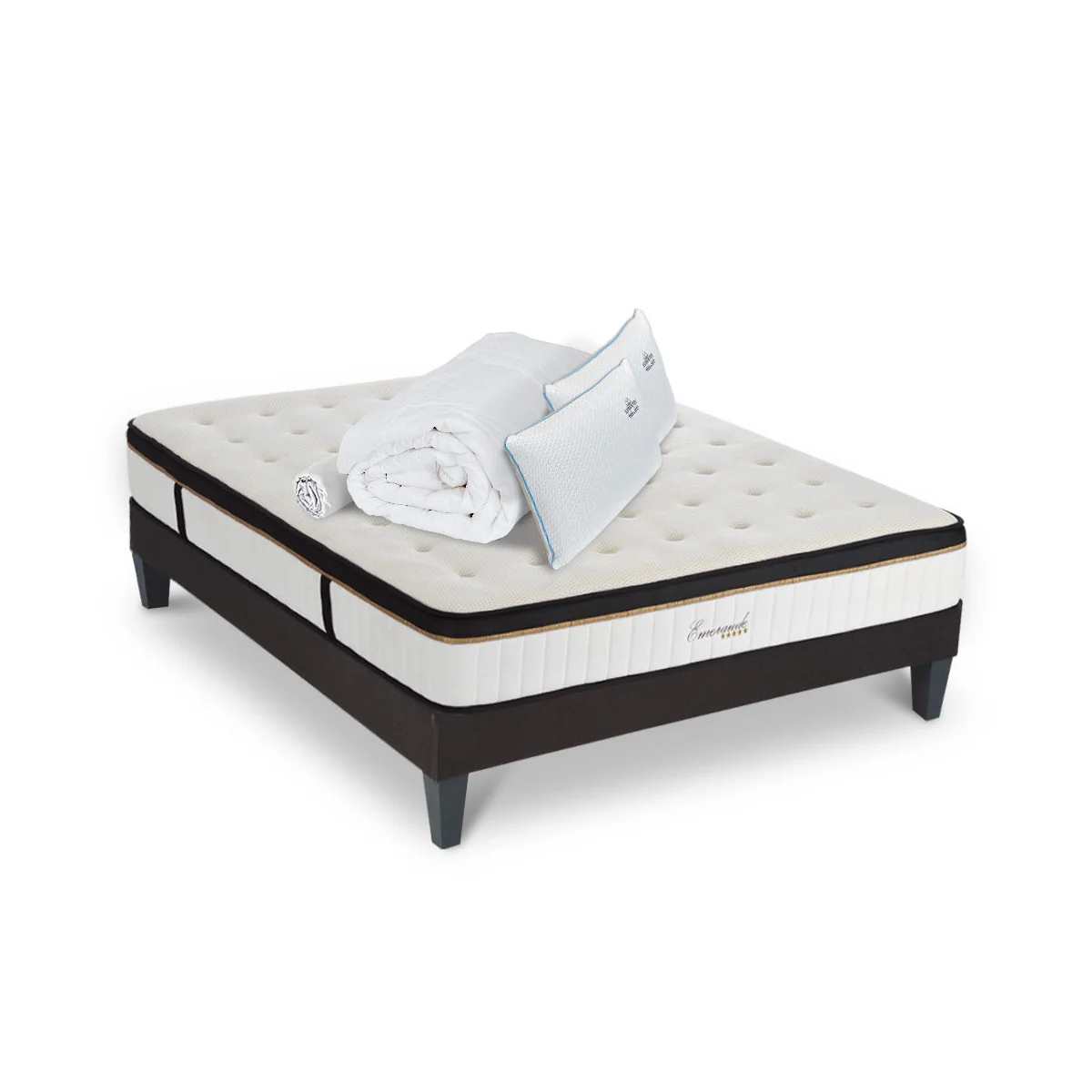 PACK Prêt À Dormir Emeraude - Matelas + Sommier + Accessoires - Tissu Gris - Image 2