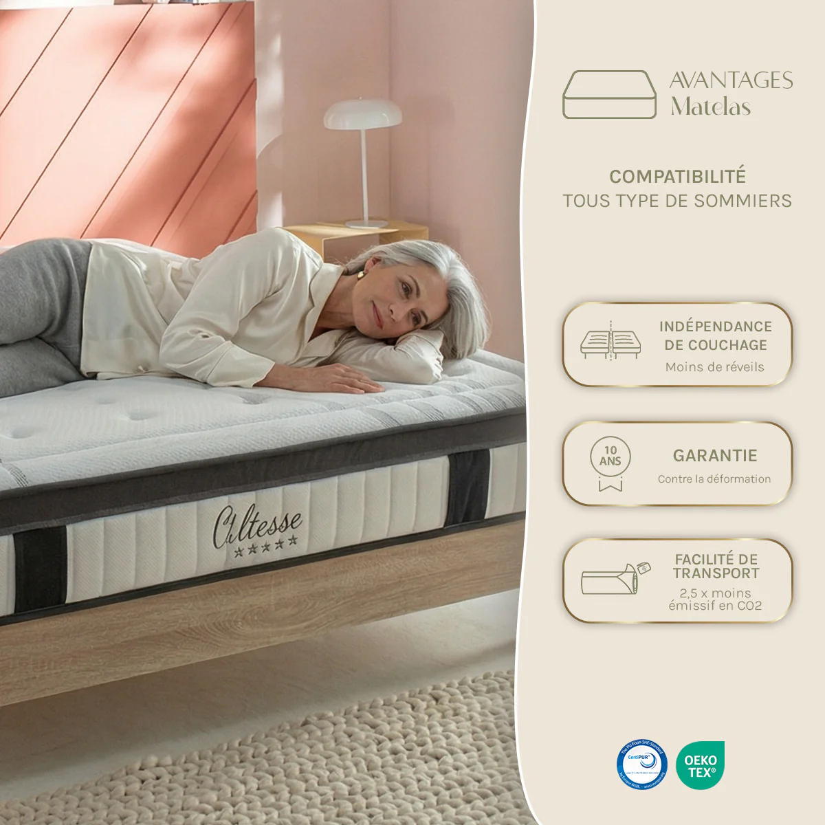 PACK Prêt À Dormir Altesse - Matelas + Sommier + Accessoires - Tissu Gris - Image 5