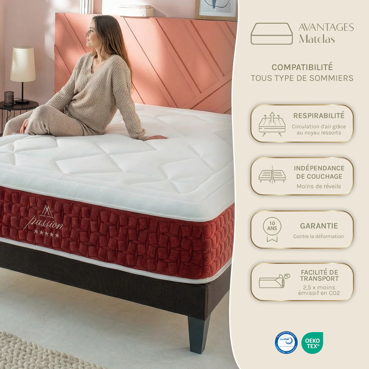 PACK Prêt À Dormir Passion - Matelas + Sommier + Accessoires - Tissu Gris - Image 3