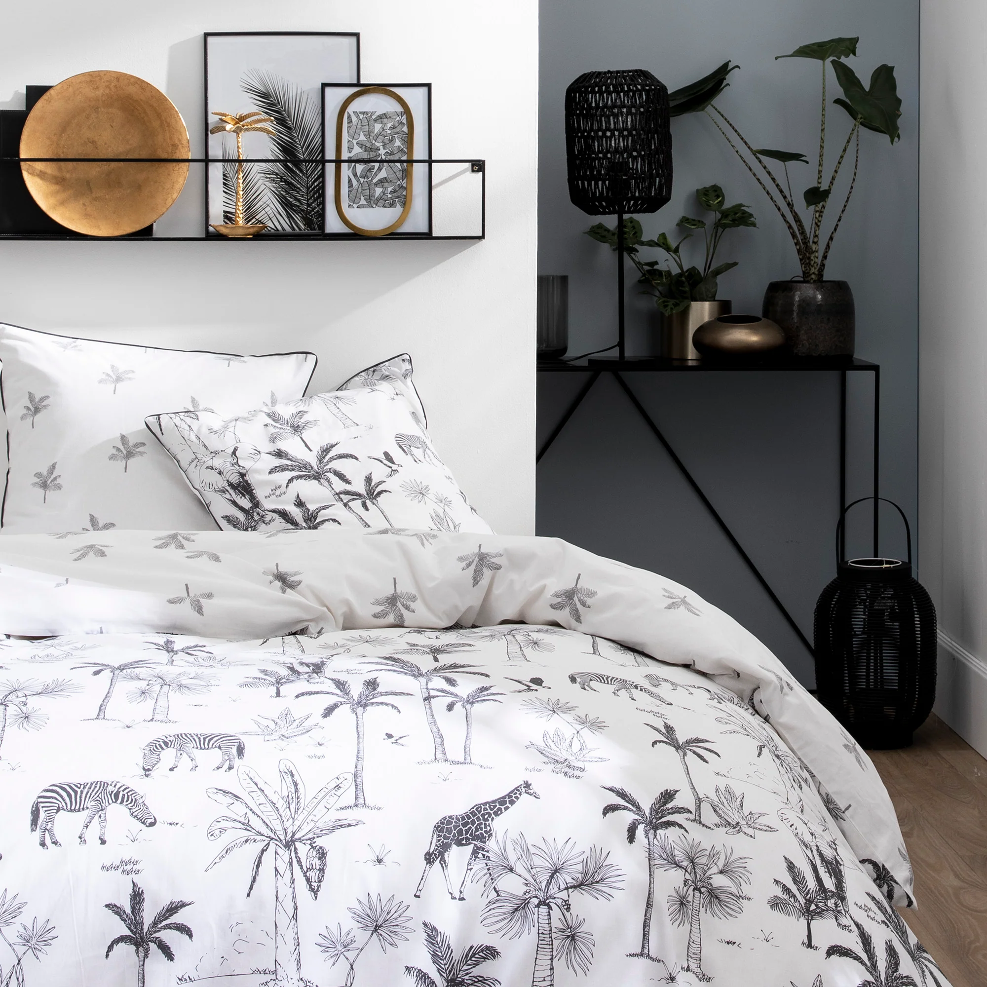Parure De Lit - Gravure Tropicale - 100% Coton - Blanc Et Noir - Image 3
