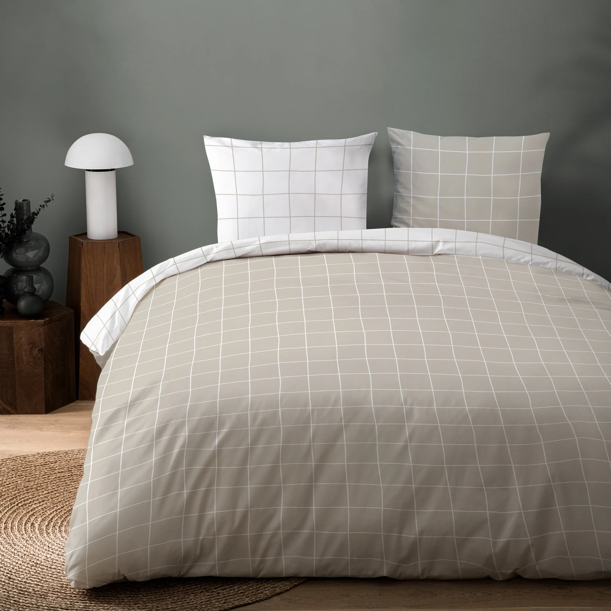 Parure De Lit - Greige Checks - 100% Coton - Greige Et Blanc - Image 3