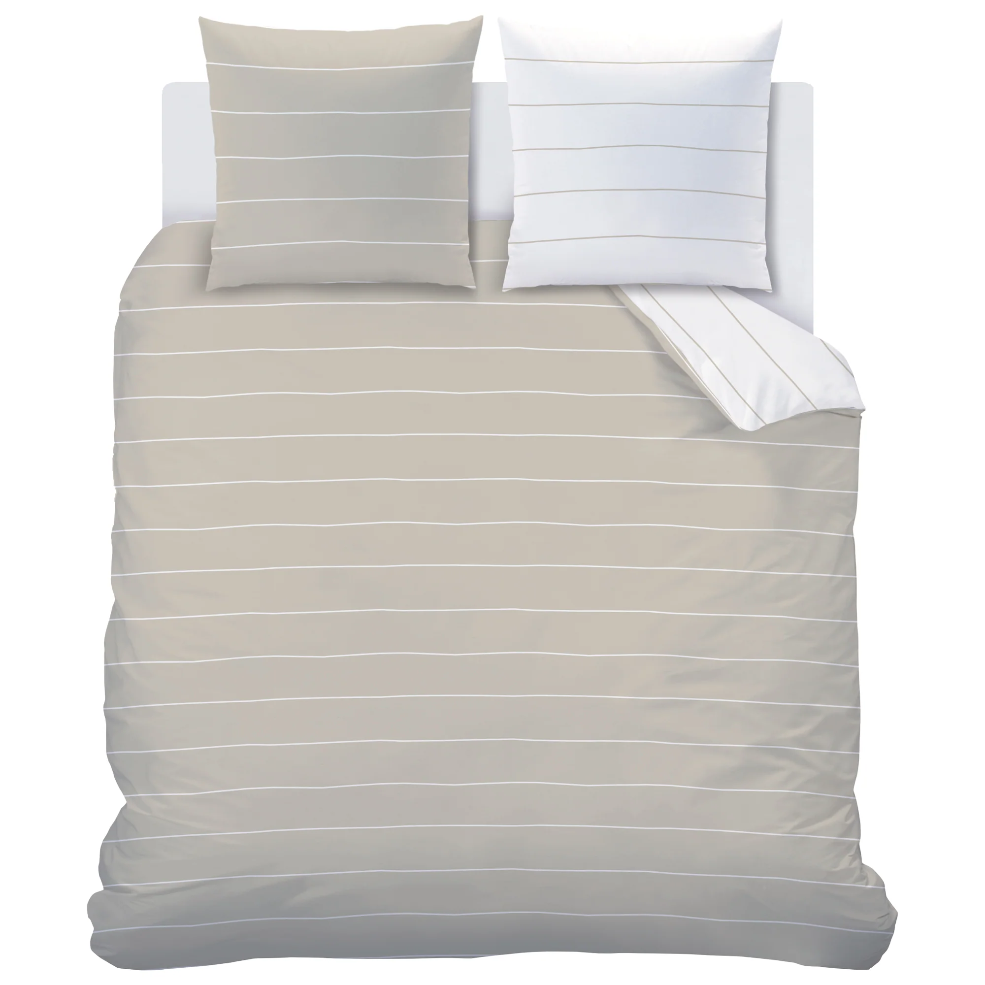 Parure De Lit - Greige Stripes - 100% Coton - Greige Et Blanc - Image 4