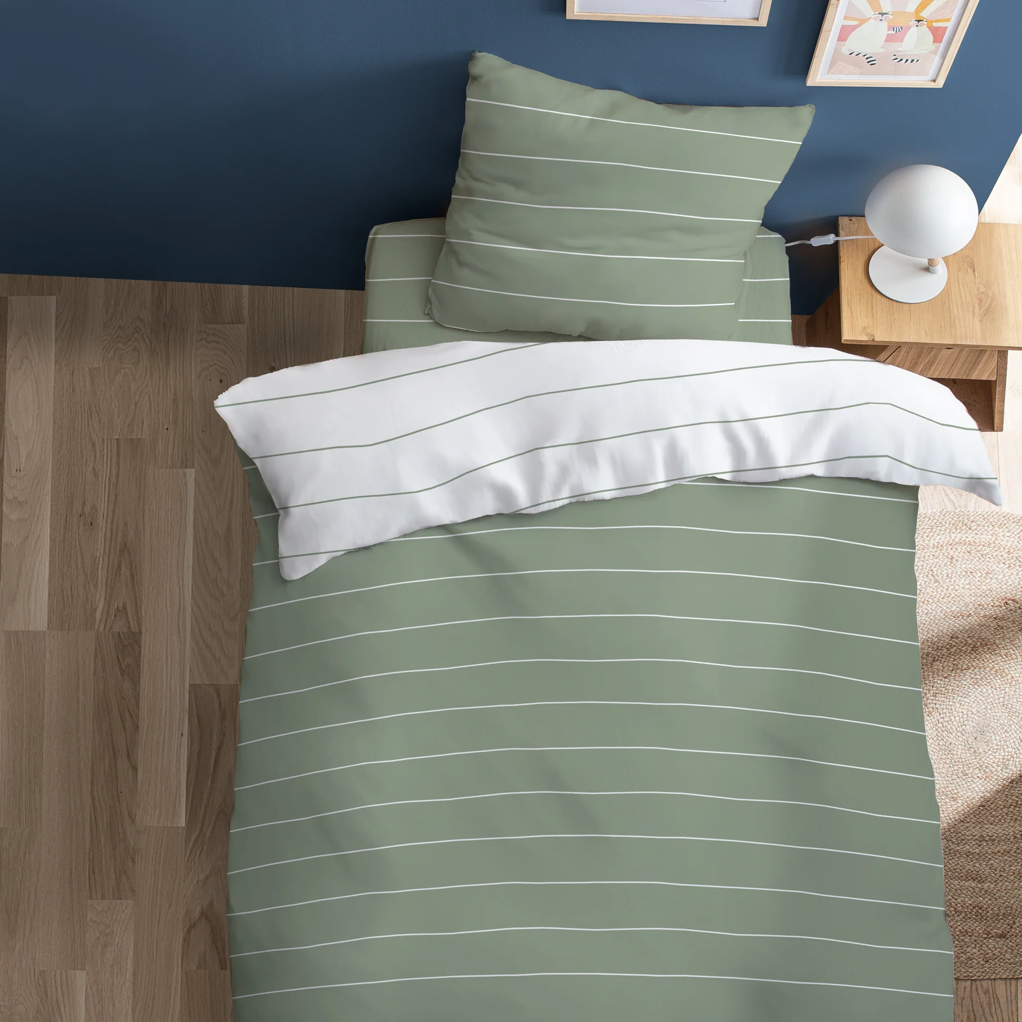 Parure De Lit - Lichen Stripes - 100% Coton - Lichen Et Blanc - Image 9