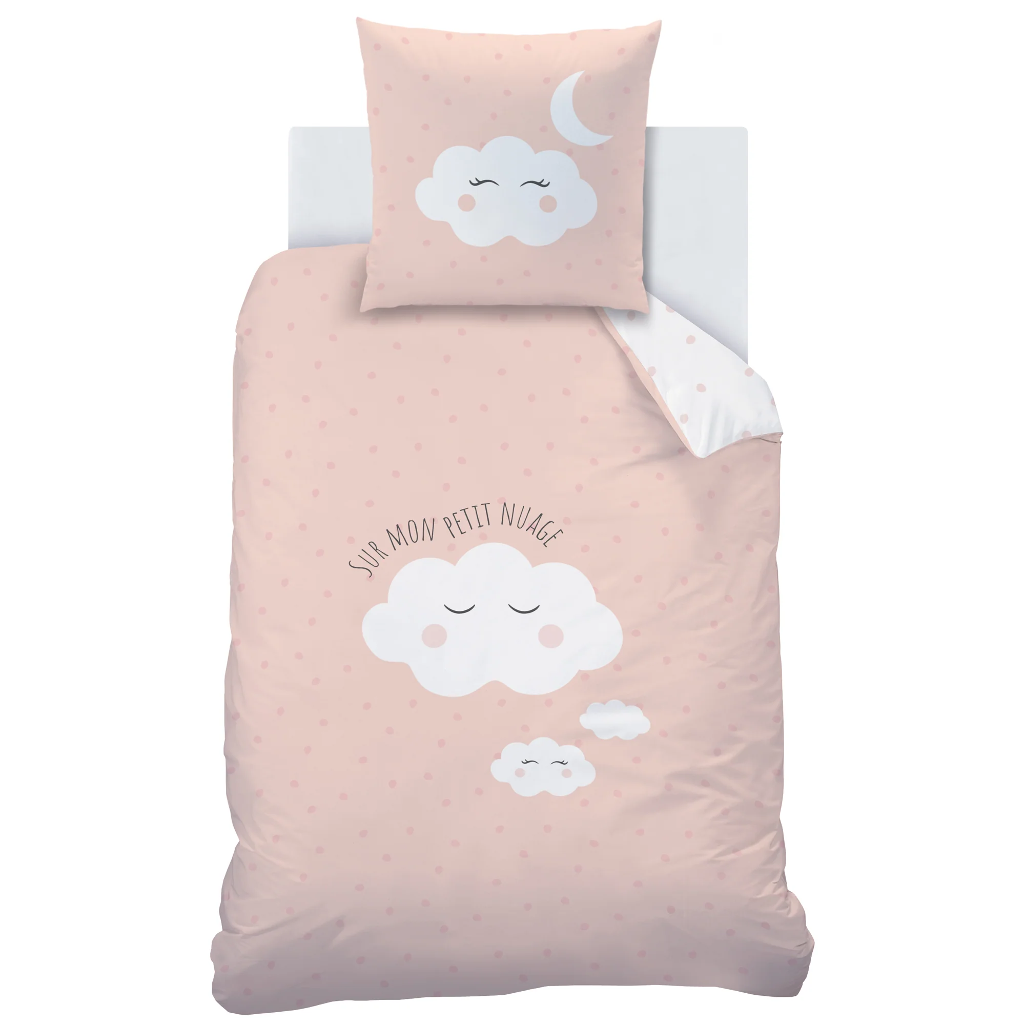Parure De Lit - Nuages - 100% Coton - Blanc Et Rose - Image 2