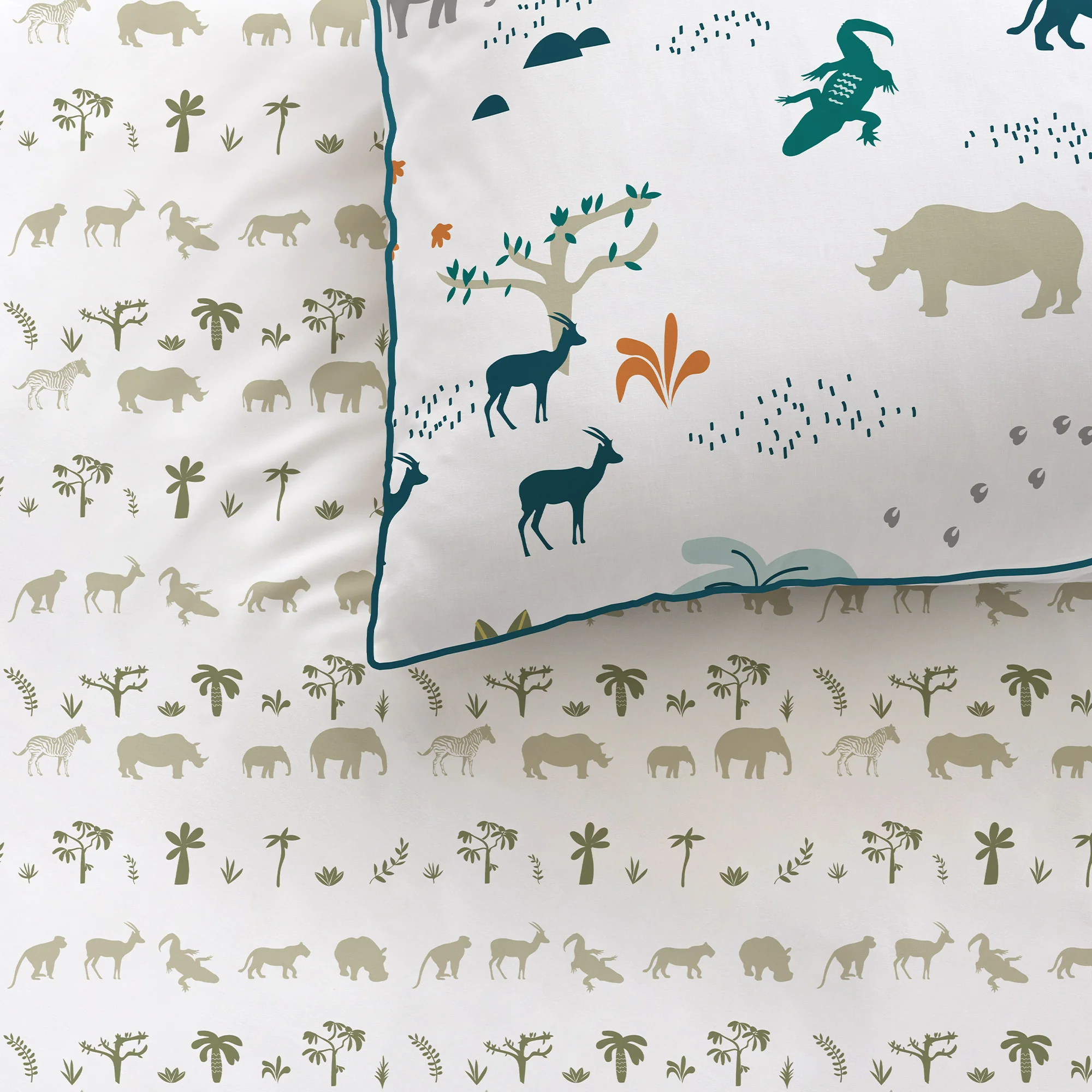 Parure De Lit - Safari - 100% Coton - Blanc Et Kaki - Image 2