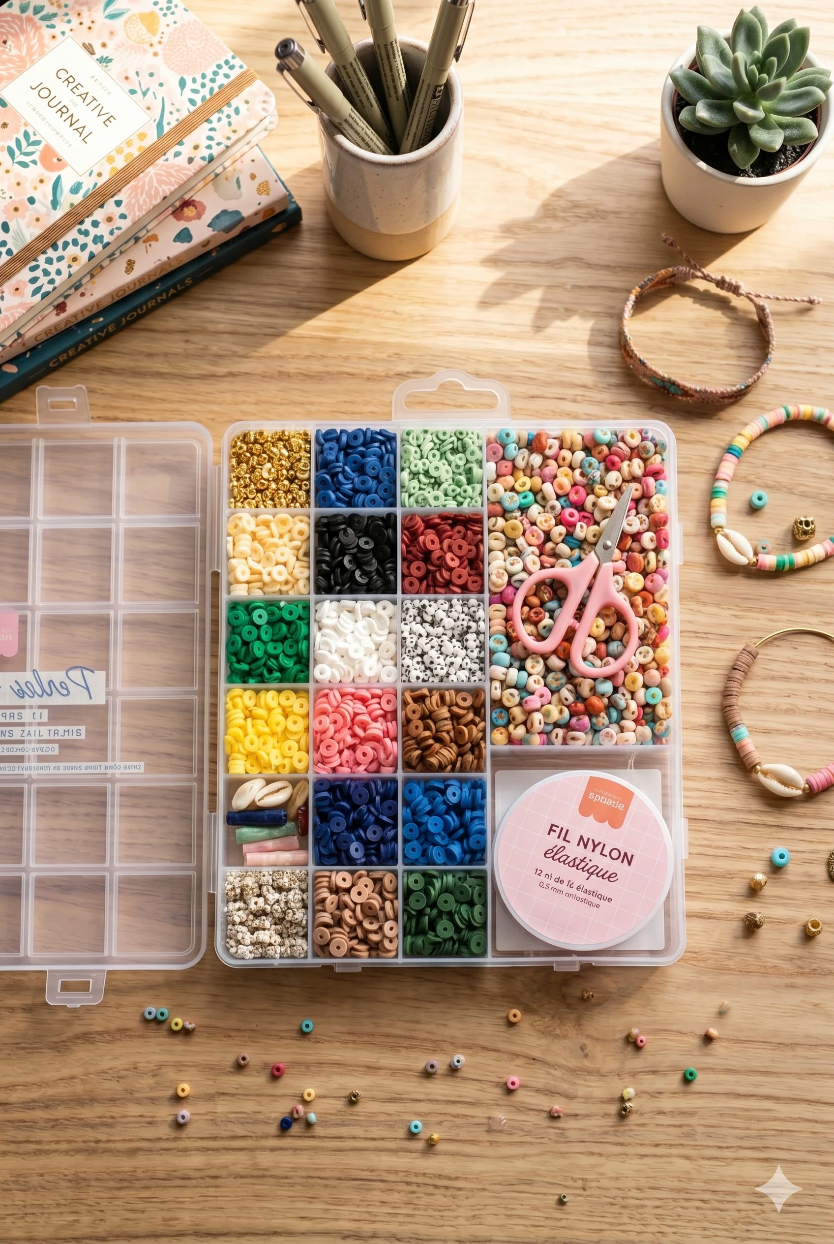 Maxi Boite - 16 Couleurs De Perles Heishi Nature Et Accessoires + Perles Lettres, Ciseaux Et Fil Élastique