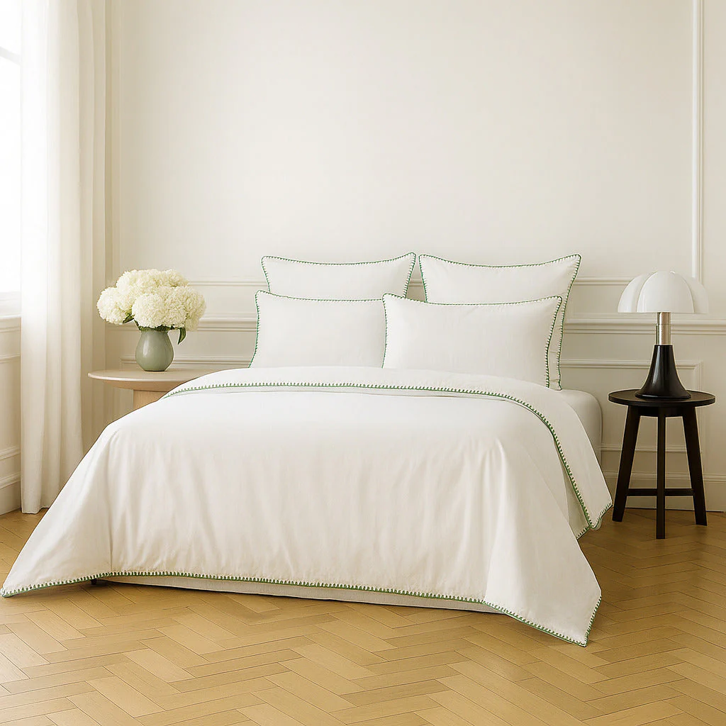 Parure Taies - Percale De Coton - Blanc / Vert Céladon - Zoé - Image 11