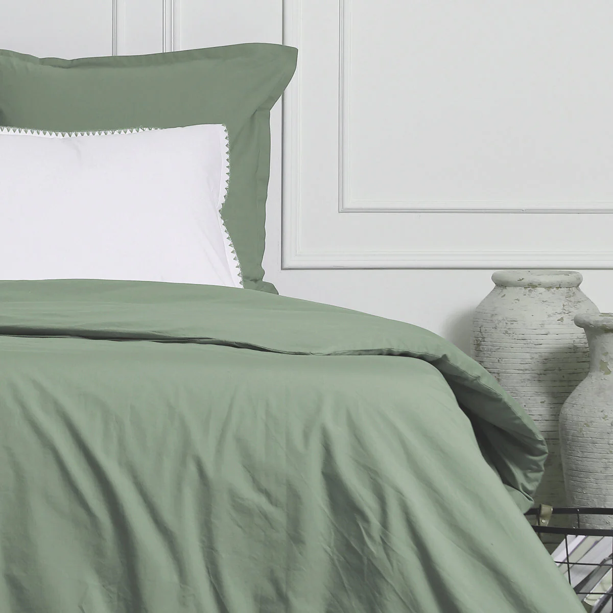 Parure Taies - Percale De Coton - Blanc / Vert Céladon - Zoé - Image 13