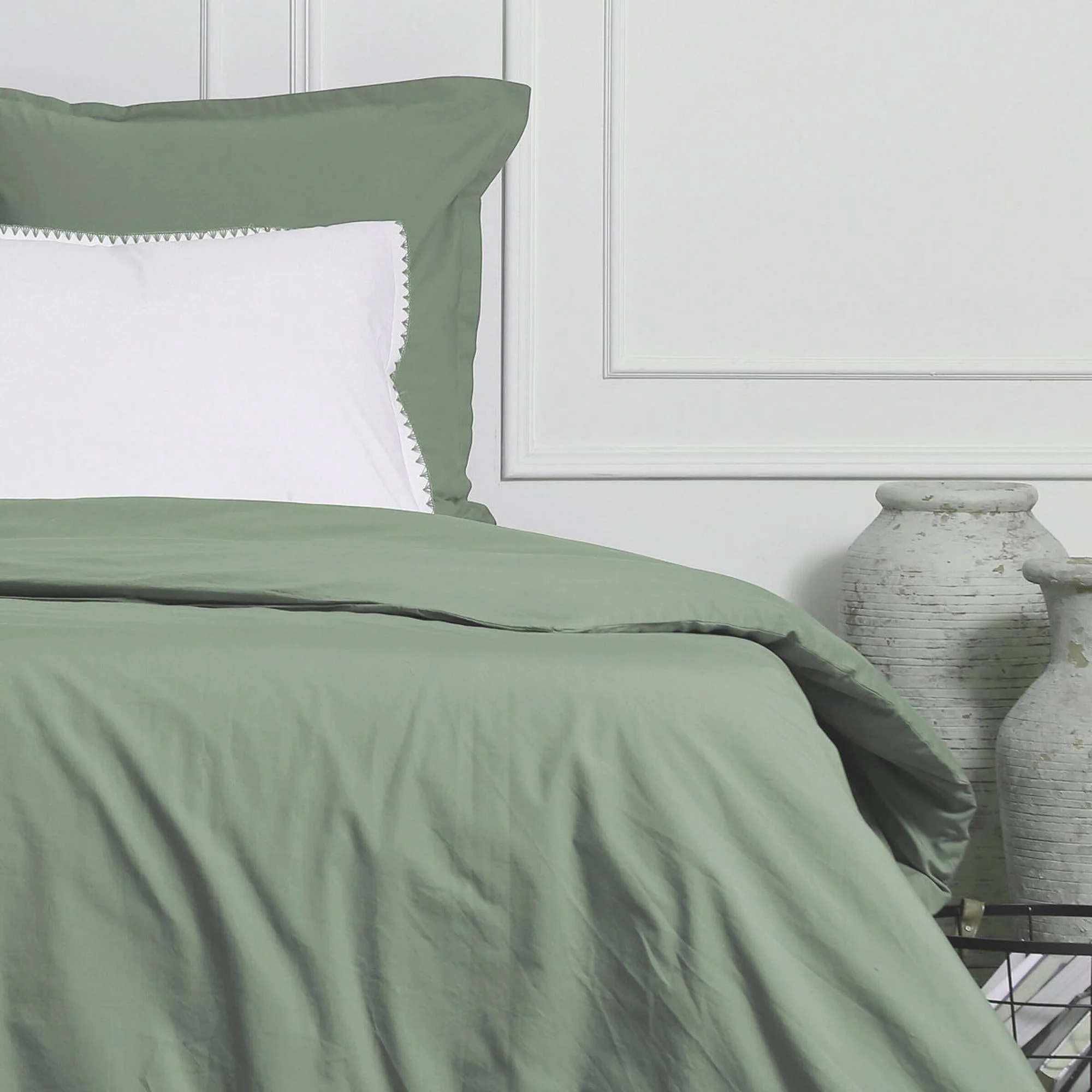 Parure Taies - Percale De Coton - Blanc / Vert Céladon - Zoé - Image 4
