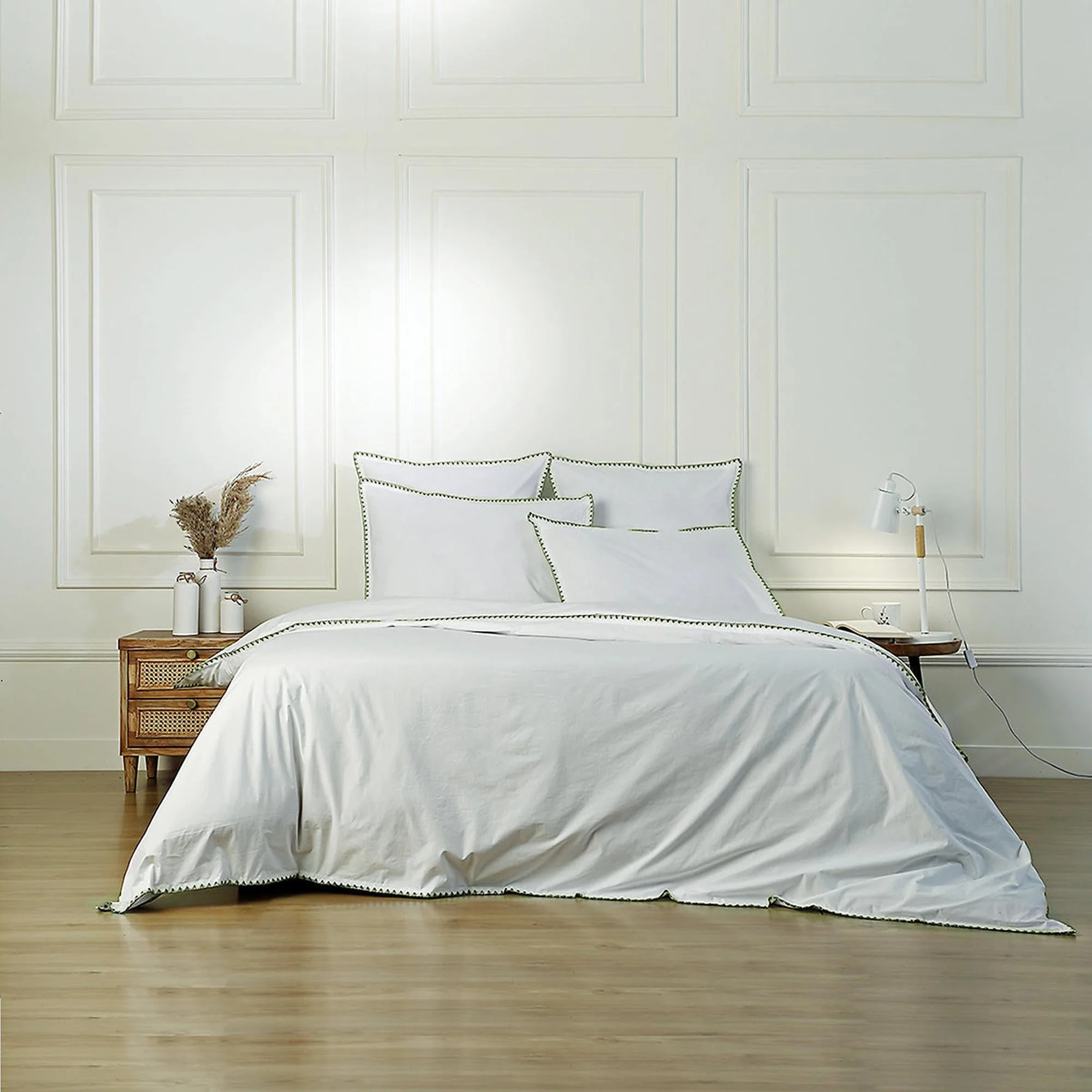 Parure Taies - Percale De Coton - Blanc / Vert Céladon - Zoé - Image 5