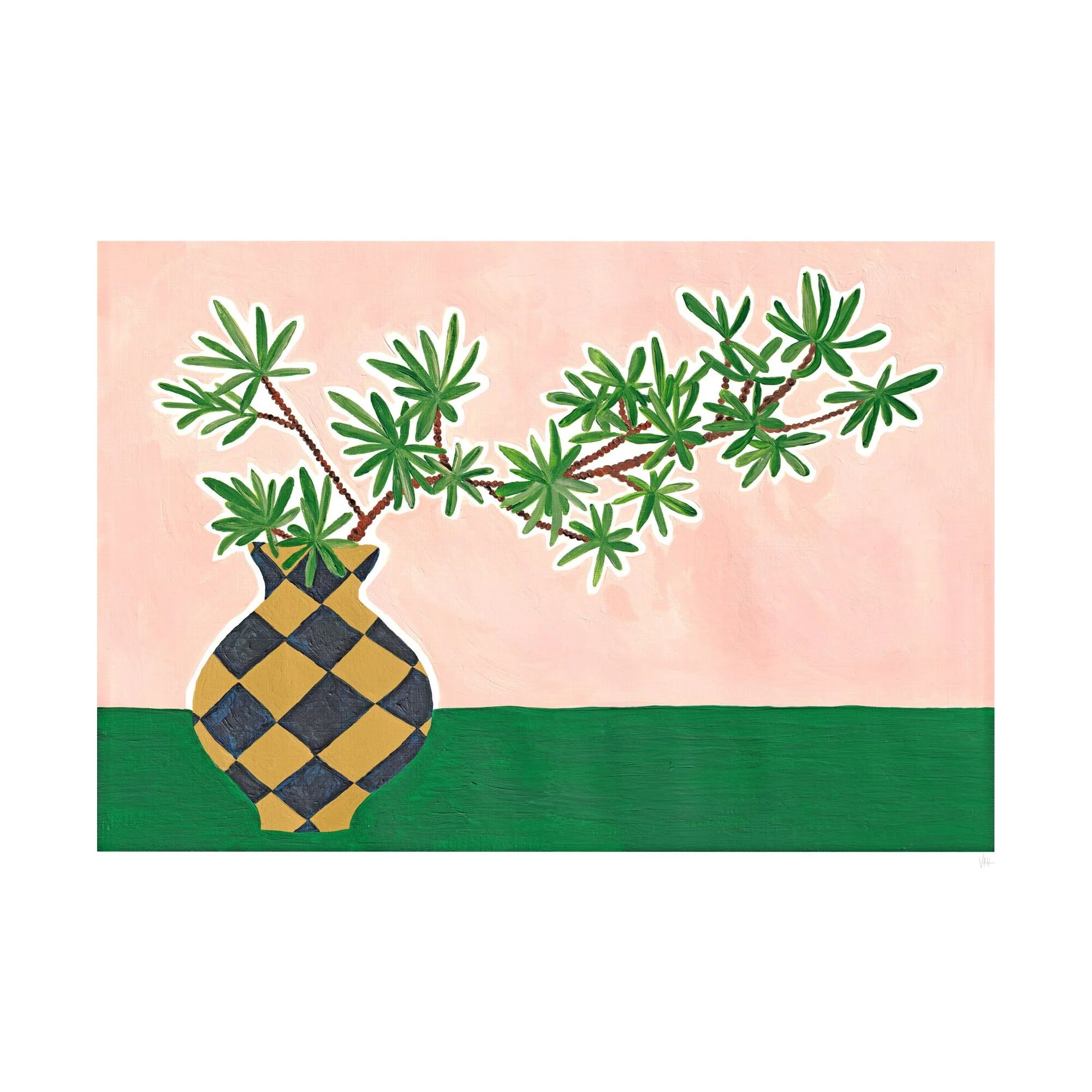 Violets Print House - Pink And Green Plant In Checked Vase - Image 2