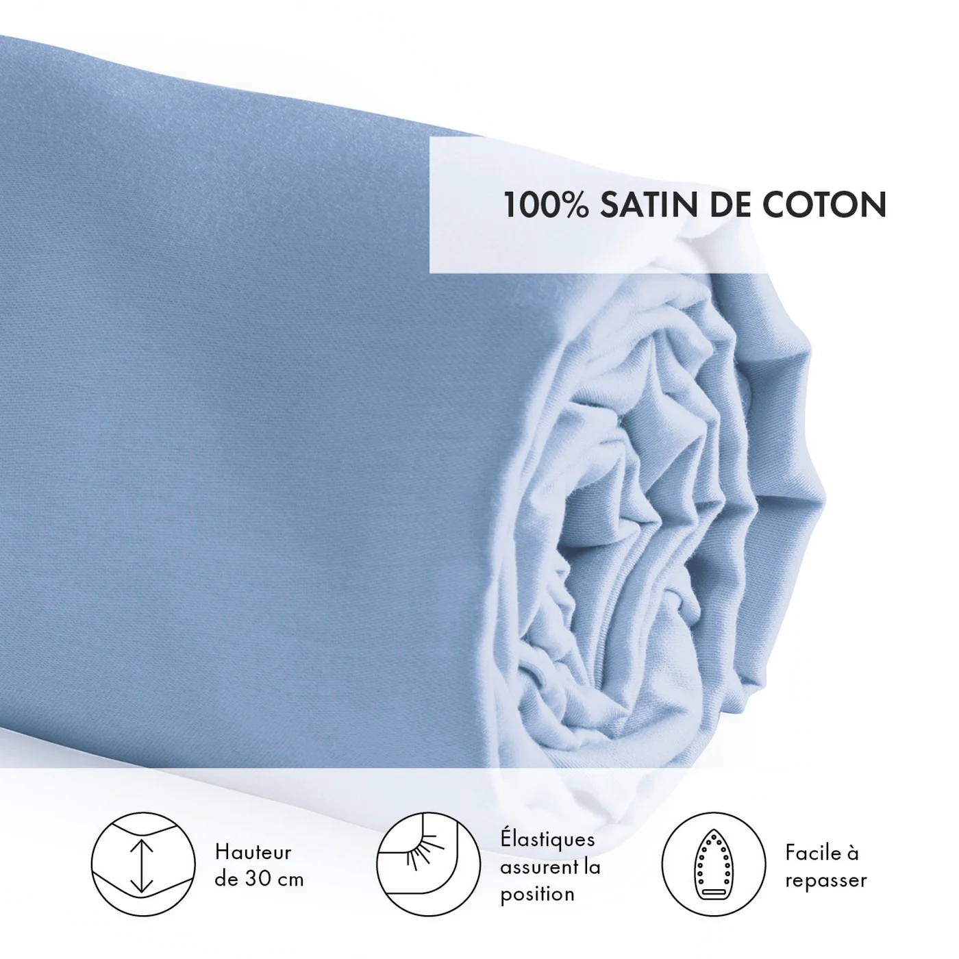 Drap-Housse Satin De Coton - Bleu Clair - Uni - Image 4