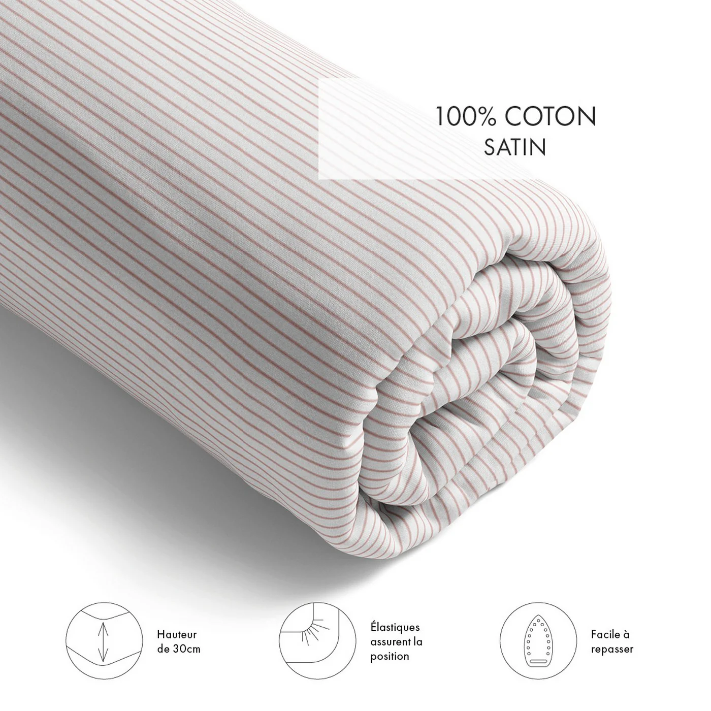 Drap-Housse Satin De Coton - Vieux Rose - Fines Rayures - Image 3
