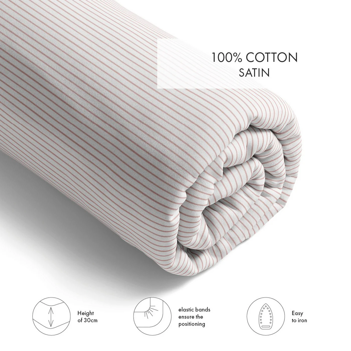 Drap-Housse Satin De Coton - Vieux Rose - Fines Rayures - Image 4