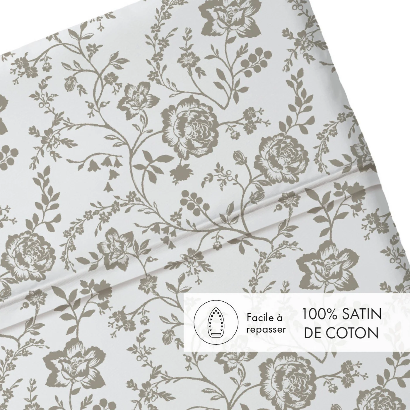 Drap Plat Bébé Satin De Coton - Blanc / Taupe - Parterre De Roses - Image 3