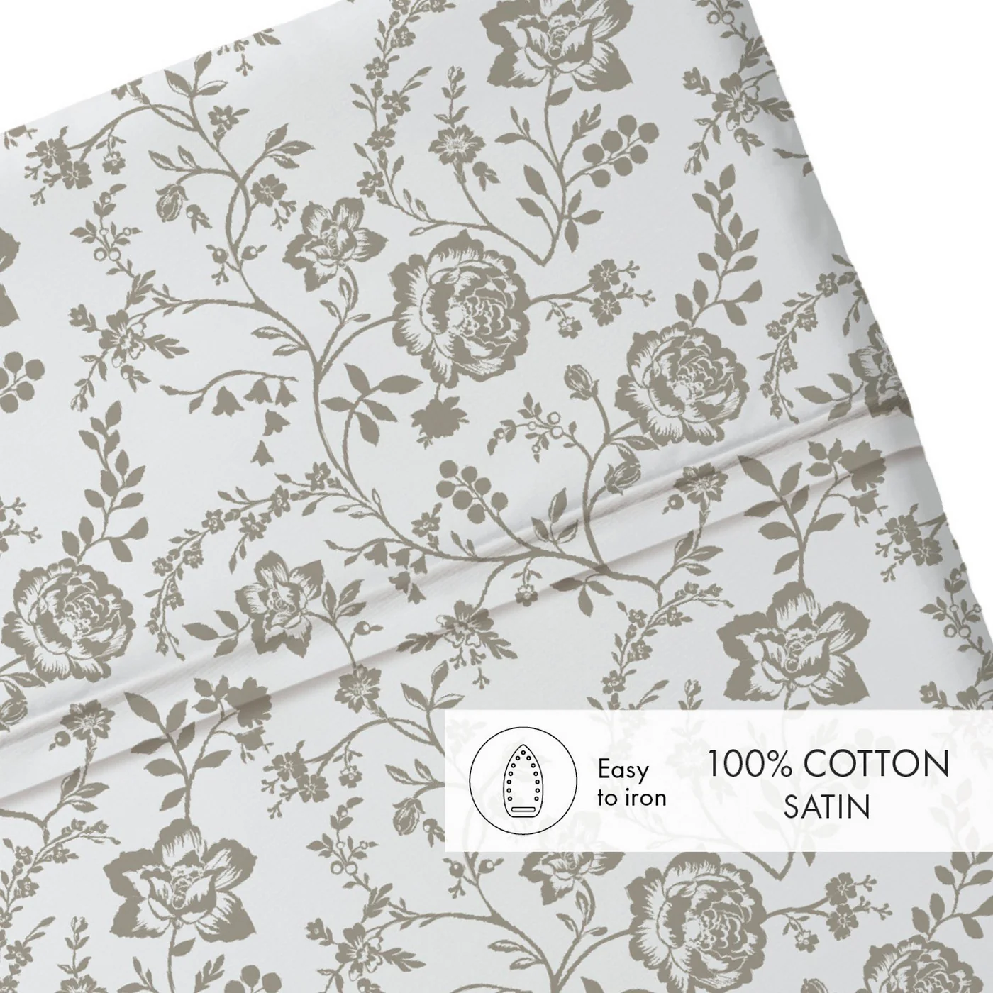 Drap Plat Bébé Satin De Coton - Blanc / Taupe - Parterre De Roses - Image 4