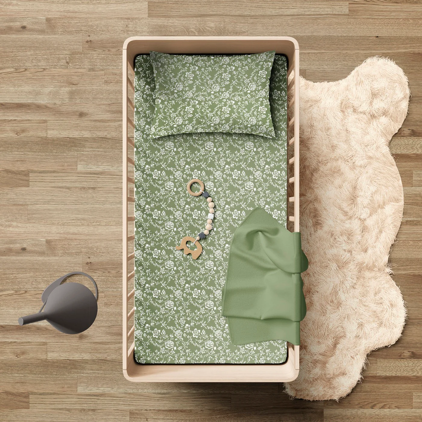 Drap Plat Bébé Satin De Coton - Vert - Parterre De Roses - Image 2