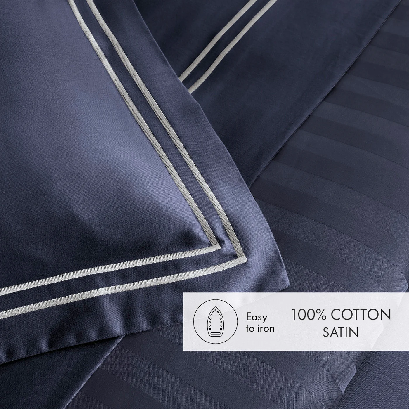 Drap Plat Satin De Coton - Blanc / Bleu Foncé - Nice - Image 3