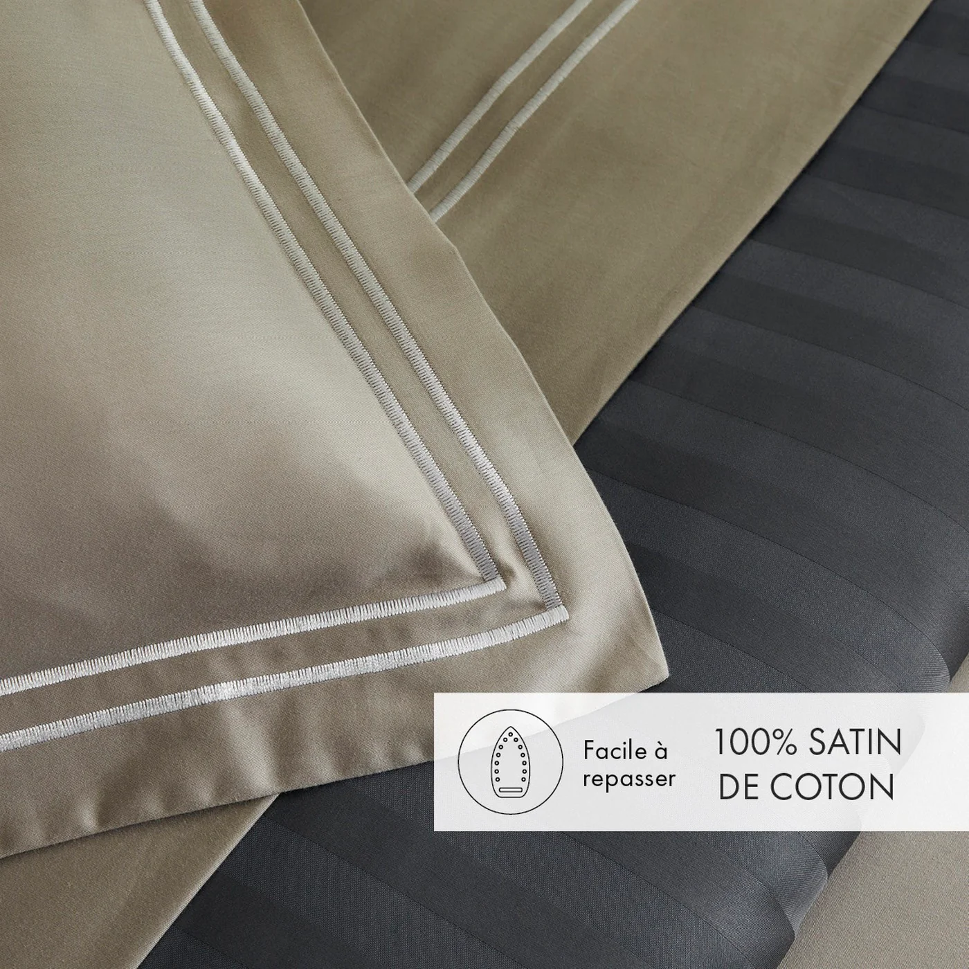 Drap Plat Satin De Coton - Blanc / Taupe - Nice - Image 2