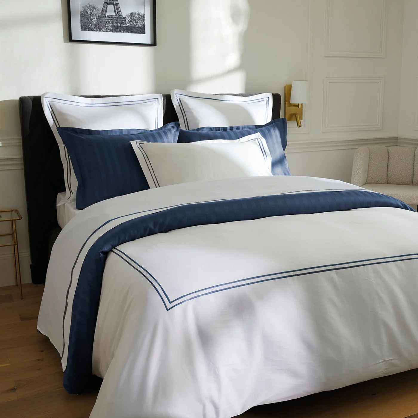 Drap Plat Satin De Coton - Bleu Foncé / Blanc - Nice - Image 2