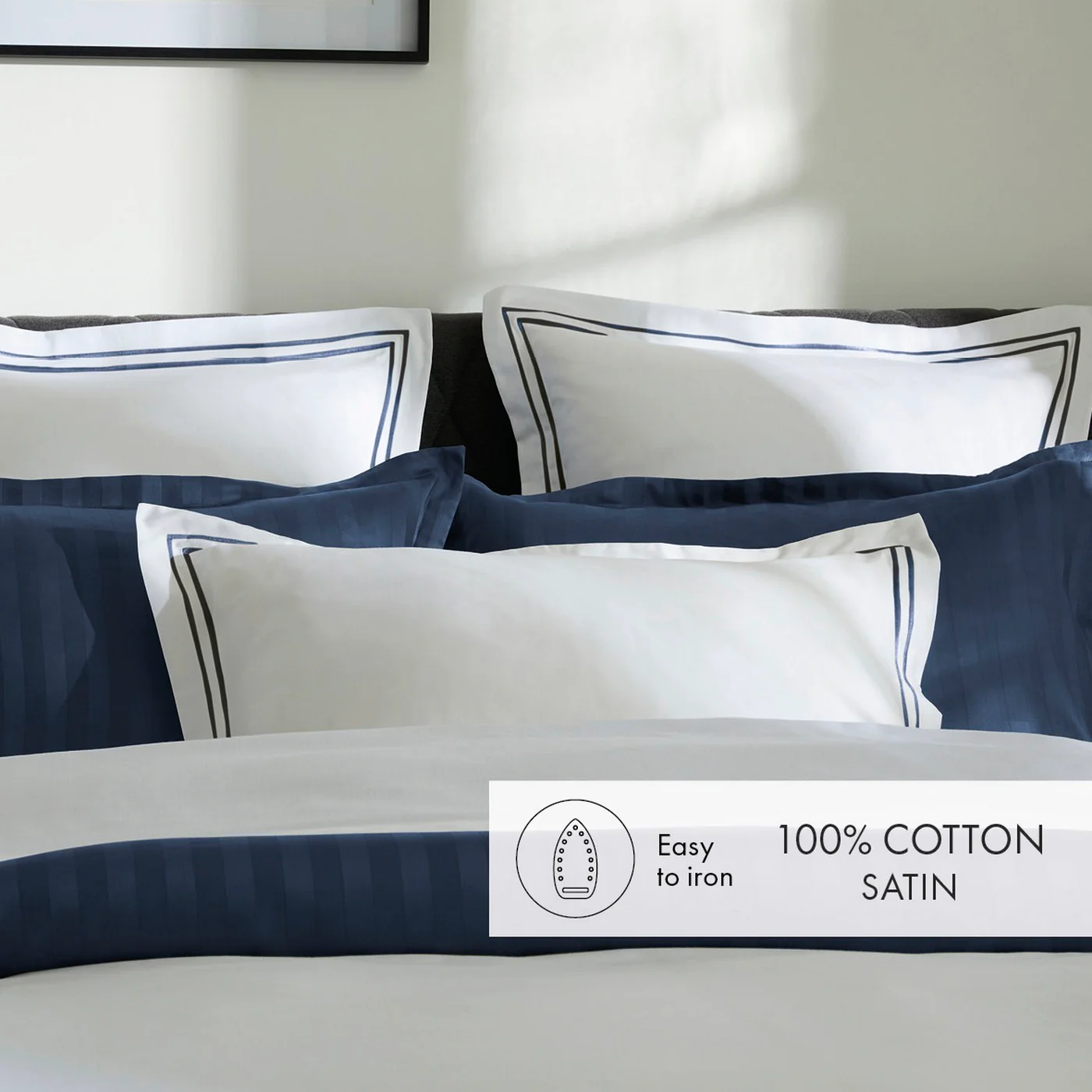 Drap Plat Satin De Coton - Bleu Foncé / Blanc - Nice - Image 4