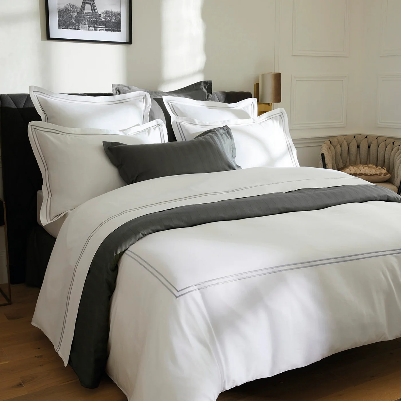 Drap Plat Satin De Coton - Gris / Blanc - Nice - Image 2