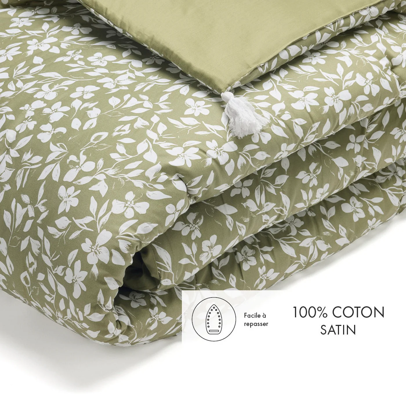 Édredon Avec Glands Satin De Coton - Vert - Floréal - Image 2