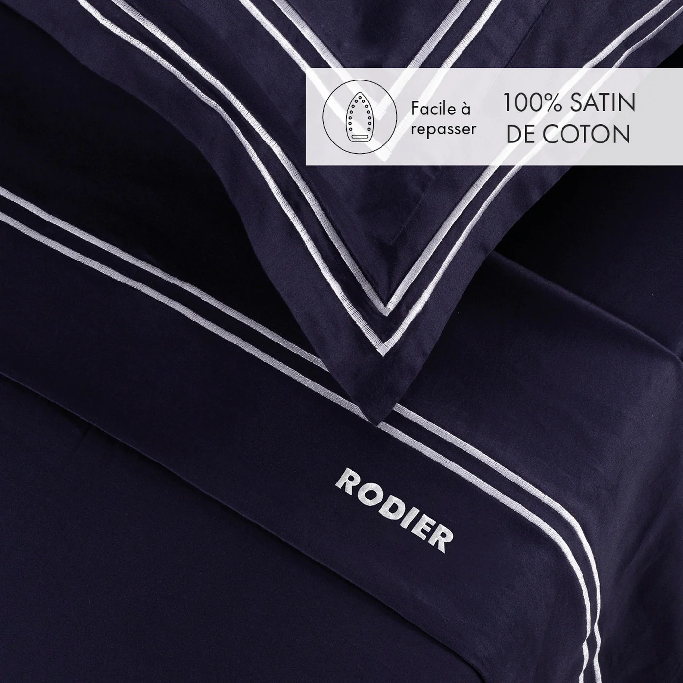 Ensemble De Draps Satin De Coton - Blanc / Bleu Foncé - Nice - Image 2