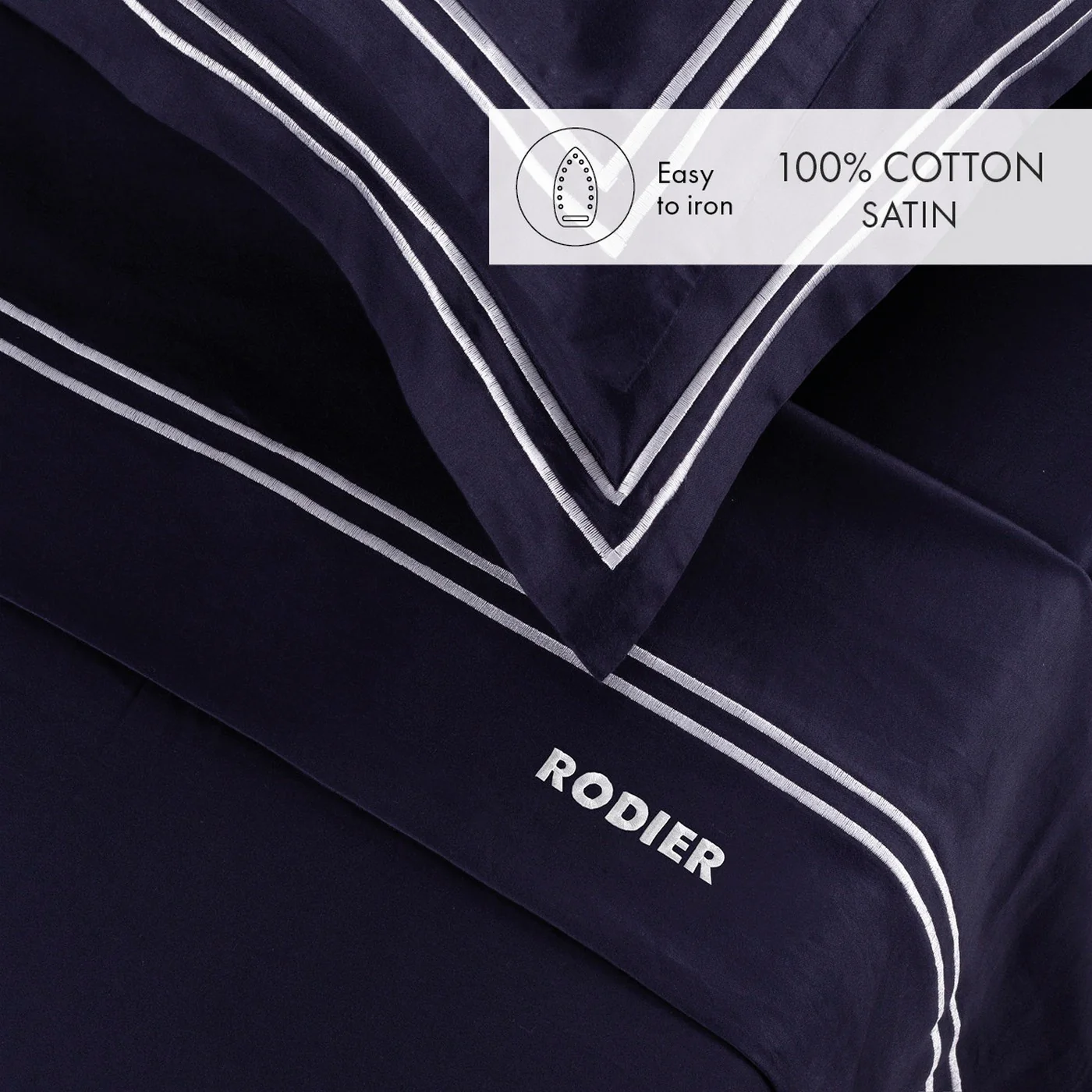 Ensemble De Draps Satin De Coton - Blanc / Bleu Foncé - Nice - Image 3