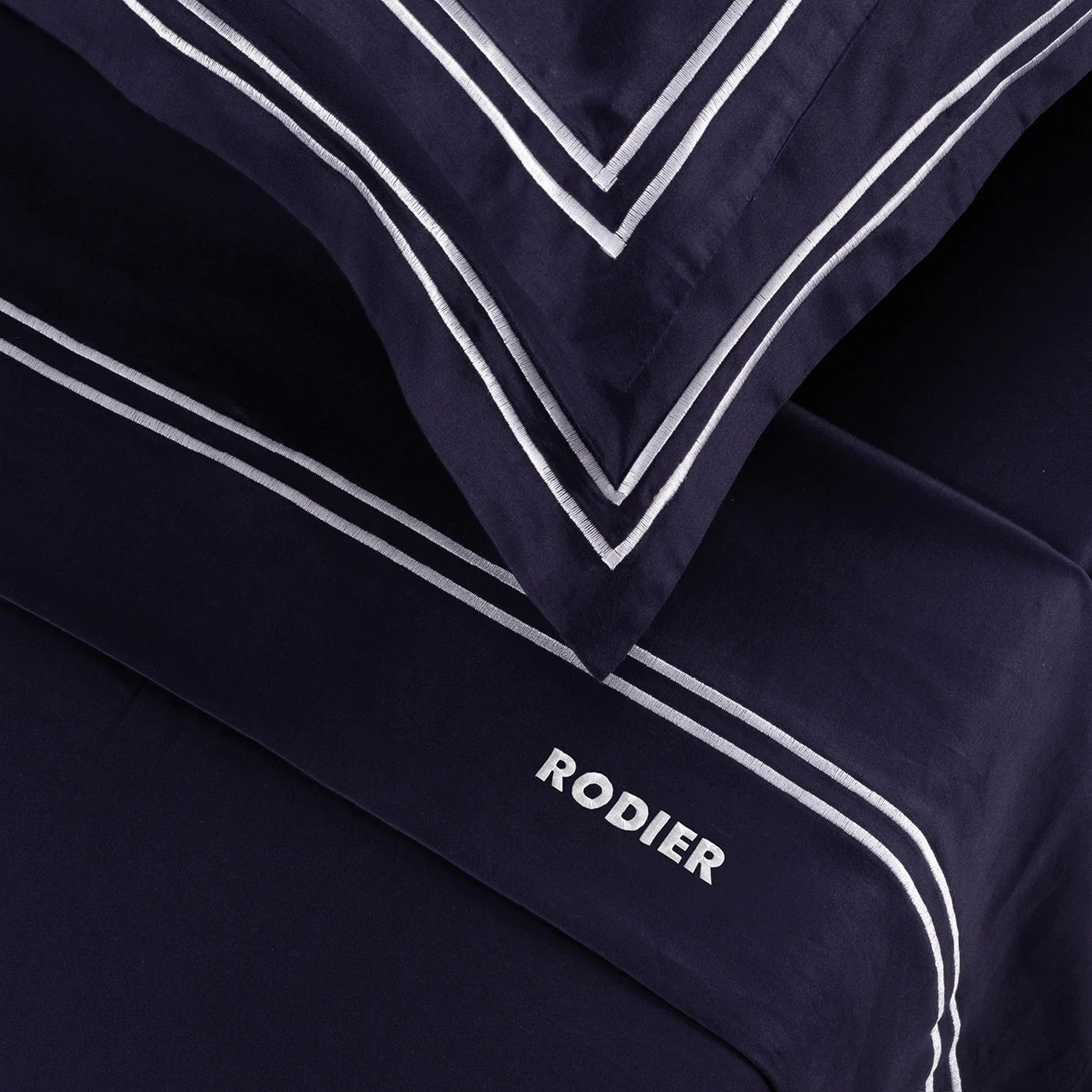 Ensemble De Draps Satin De Coton - Blanc / Bleu Foncé - Nice - Image 4