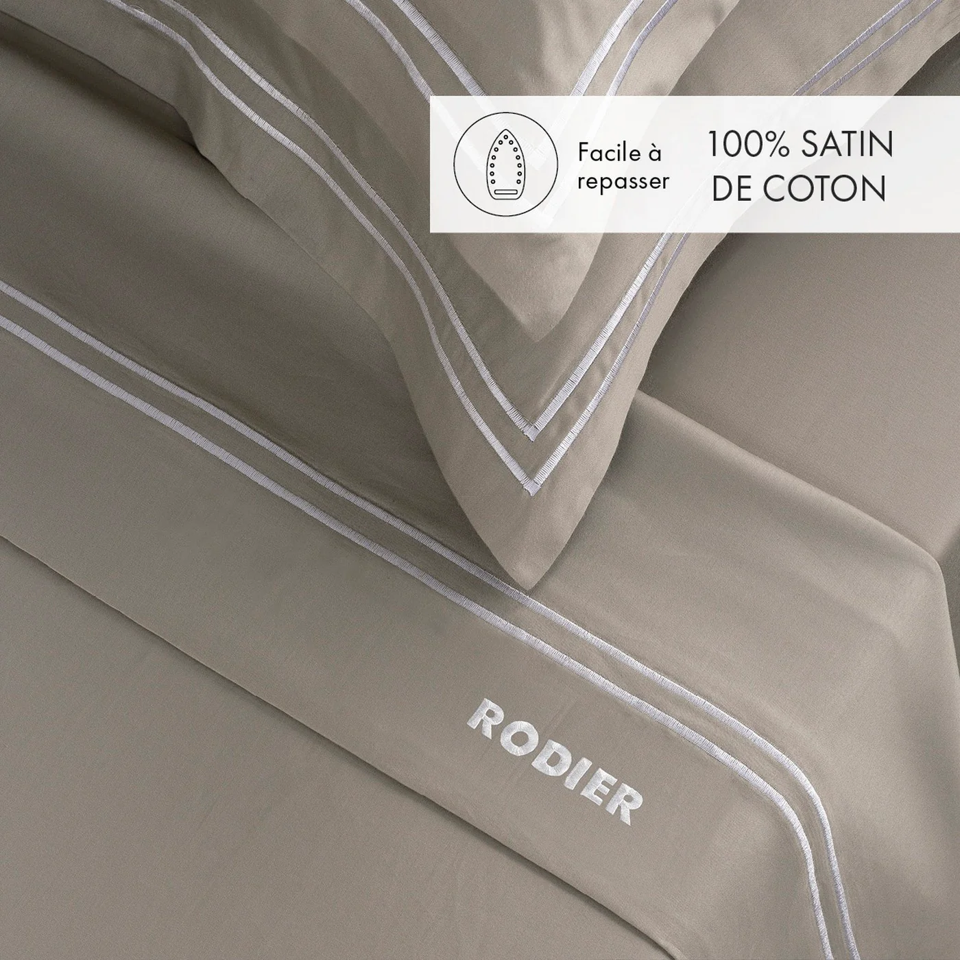 Ensemble De Draps Satin De Coton - Blanc / Taupe - Nice - Image 2