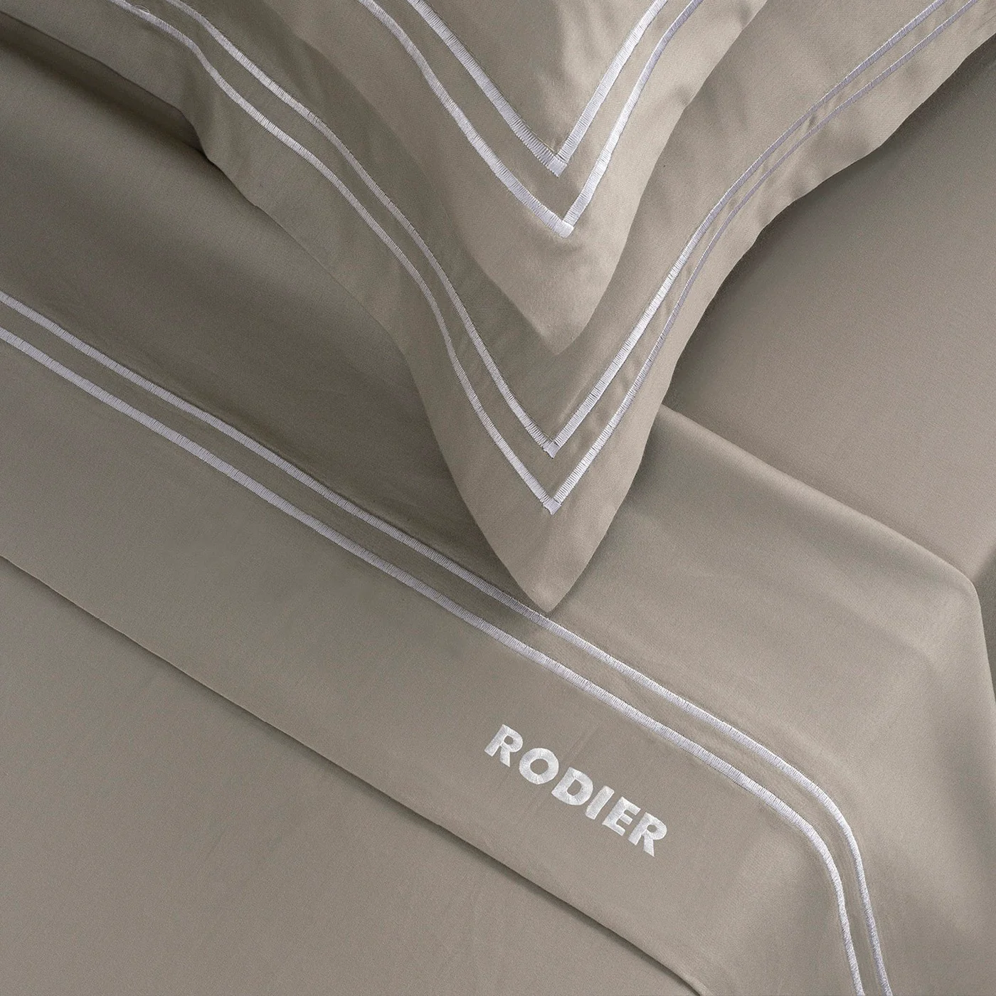 Ensemble De Draps Satin De Coton - Blanc / Taupe - Nice - Image 4