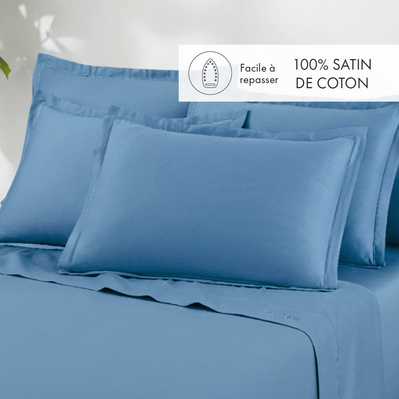 Ensemble De Draps Satin De Coton - Bleu 05 - Uni 1 Baratta - Image 2