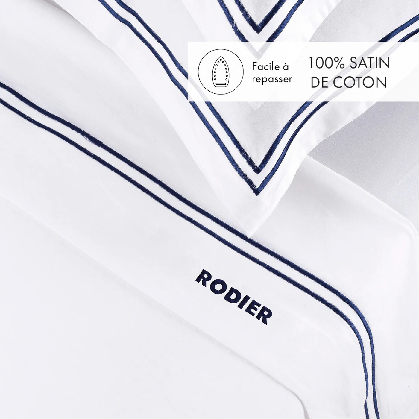 Ensemble De Draps Satin De Coton - Bleu Foncé / Blanc - Nice - Image 2