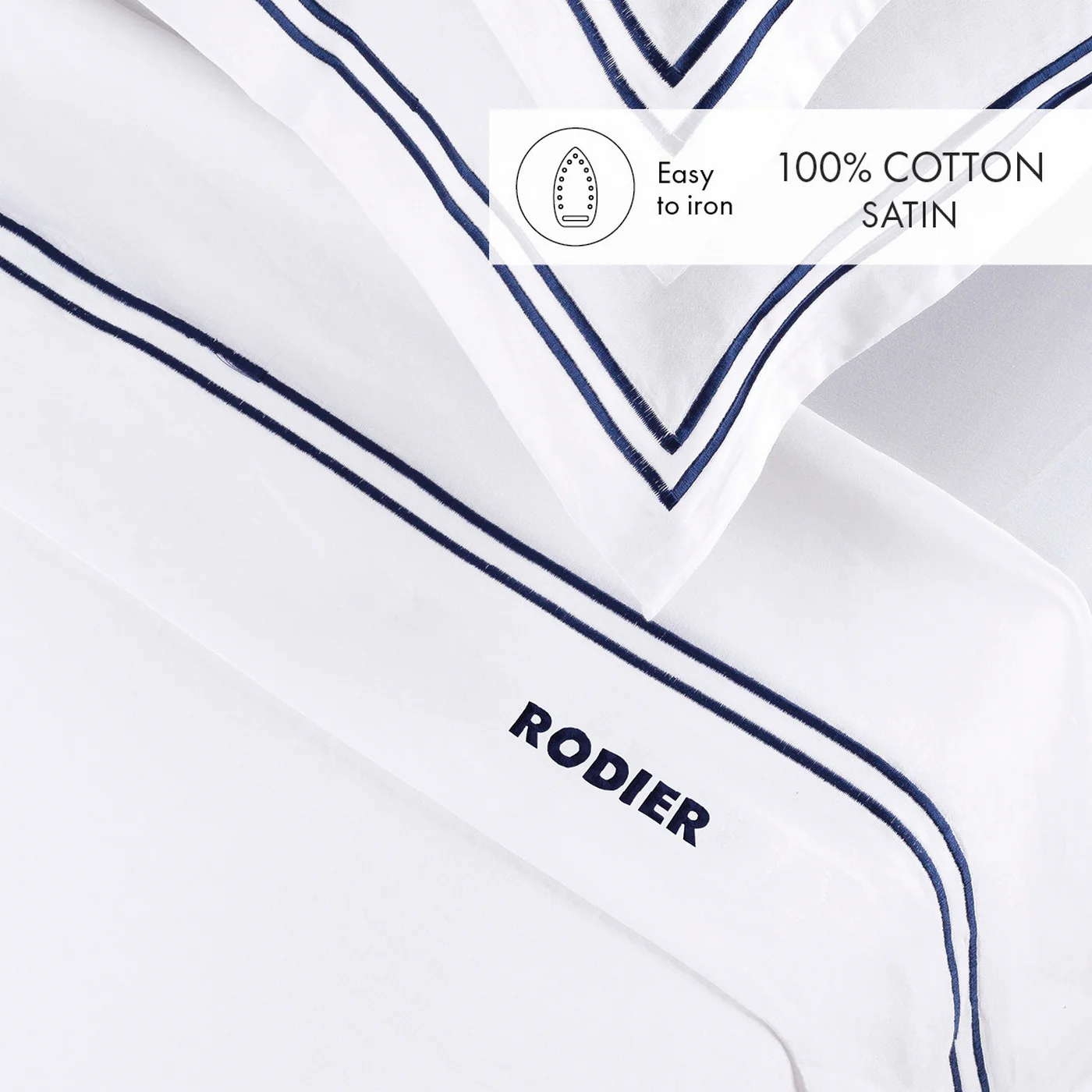 Ensemble De Draps Satin De Coton - Bleu Foncé / Blanc - Nice - Image 3