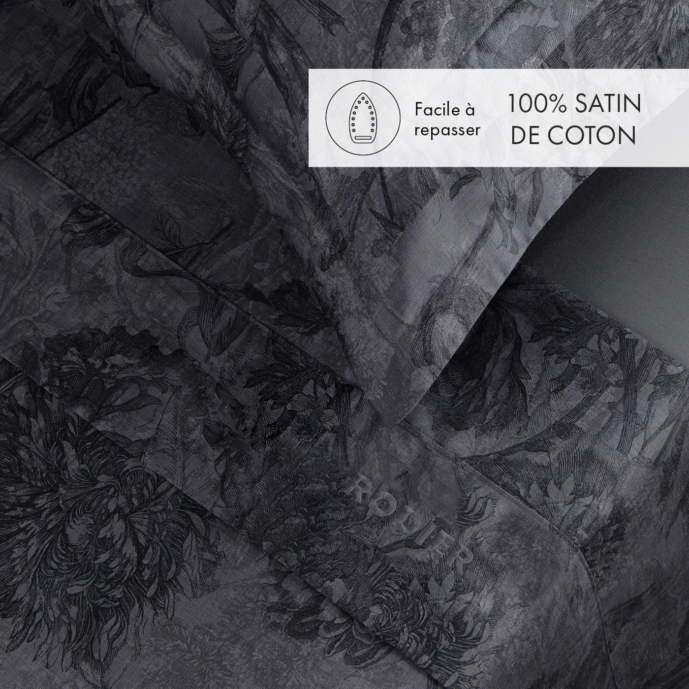Ensemble De Draps Satin De Coton - Gris Foncé - Toile Fleurie - Image 2