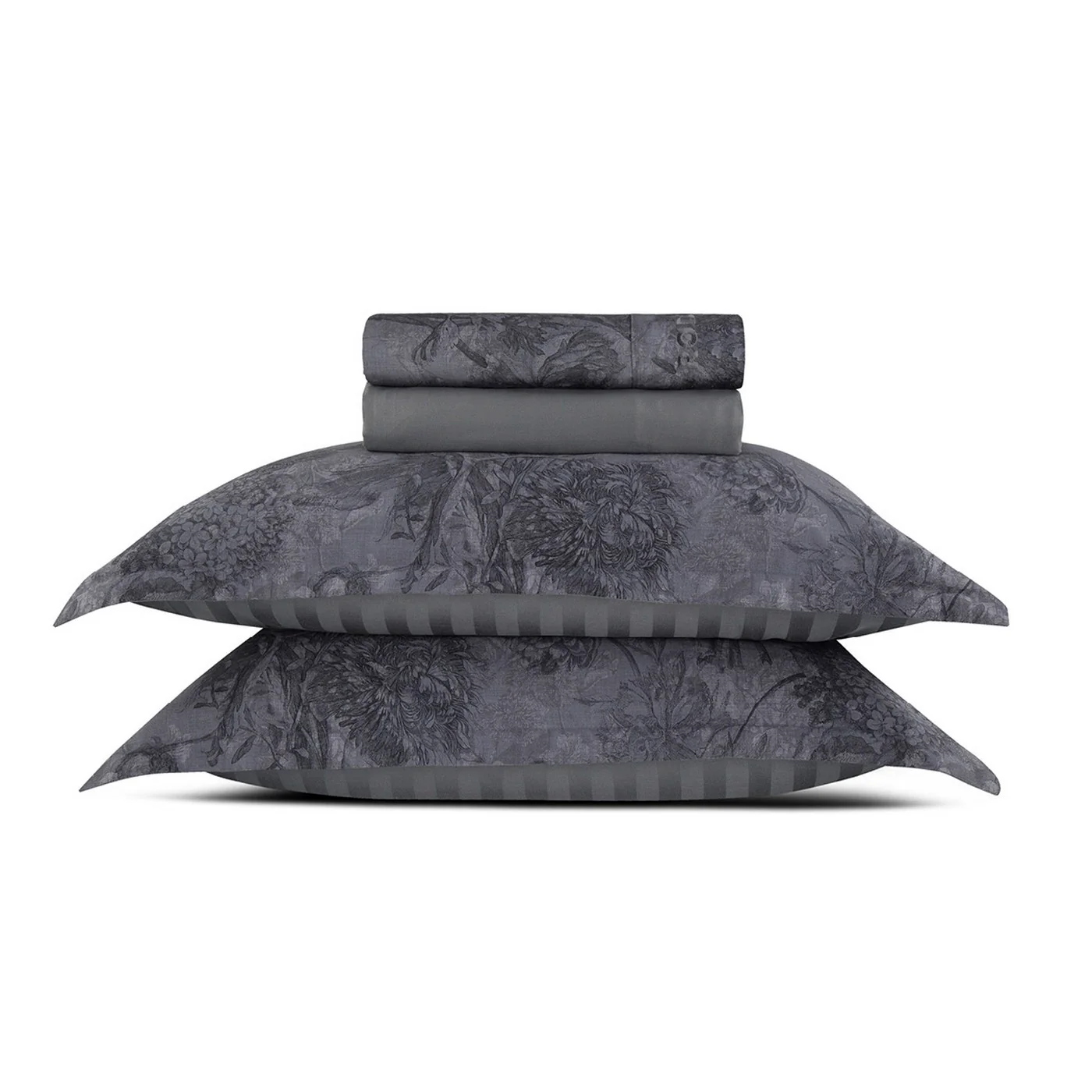 Ensemble De Draps Satin De Coton - Gris Foncé - Toile Fleurie - Image 5