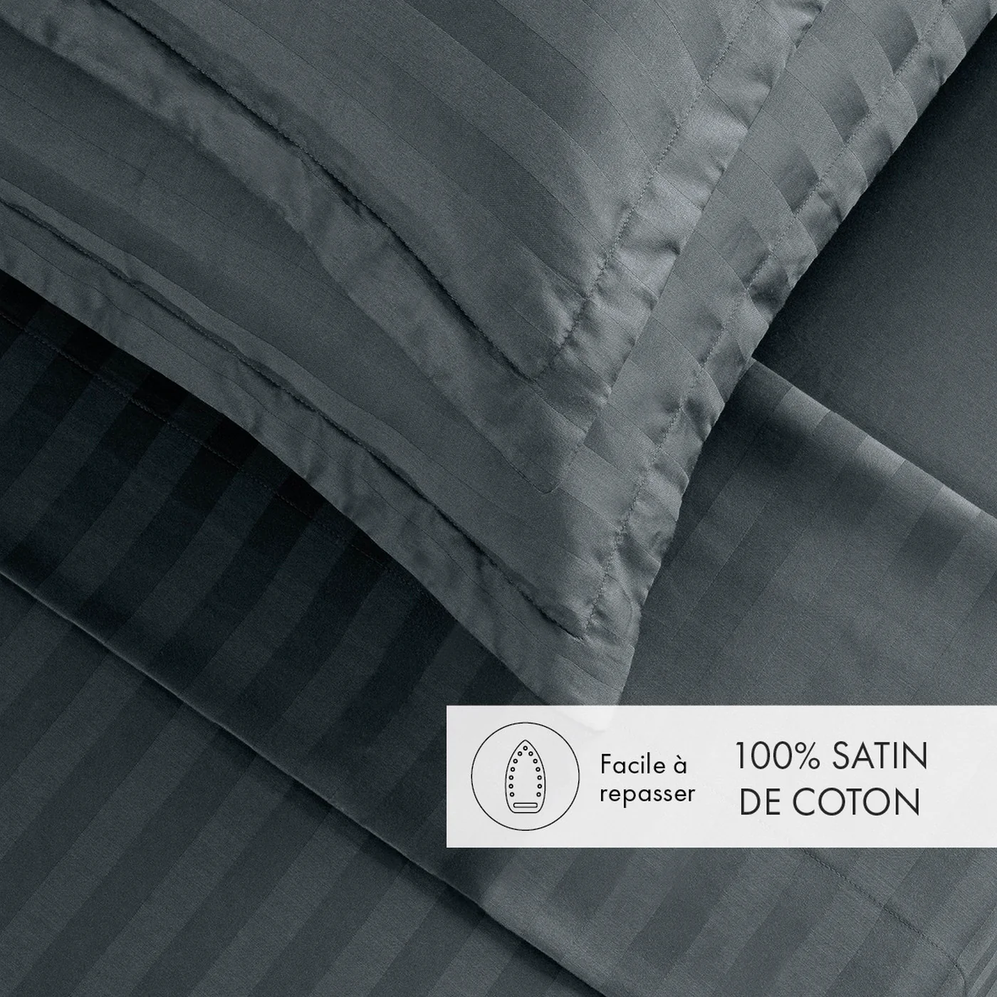 Ensemble De Draps Satin De Coton Rayure Tissé Dobby - Gris Foncé - Dobby Stripe Woven - Image 2