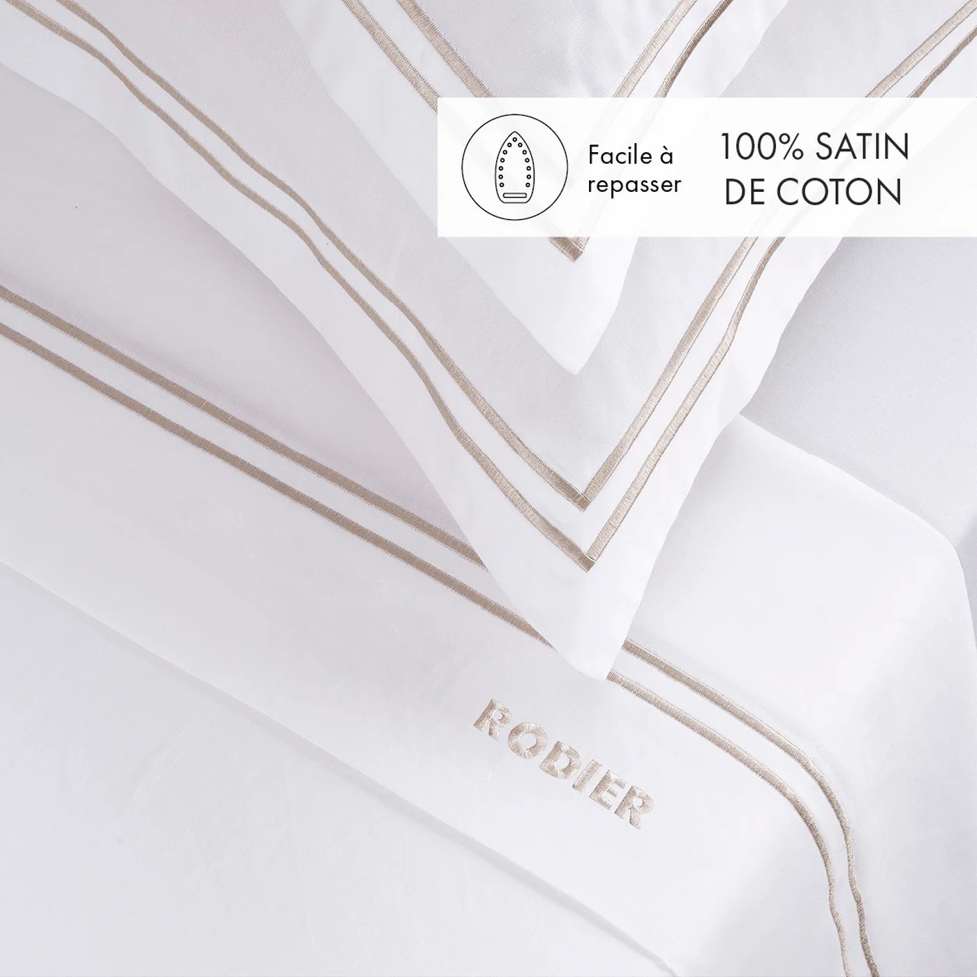 Ensemble De Draps Satin De Coton - Taupe / Blanc - Nice - Image 2