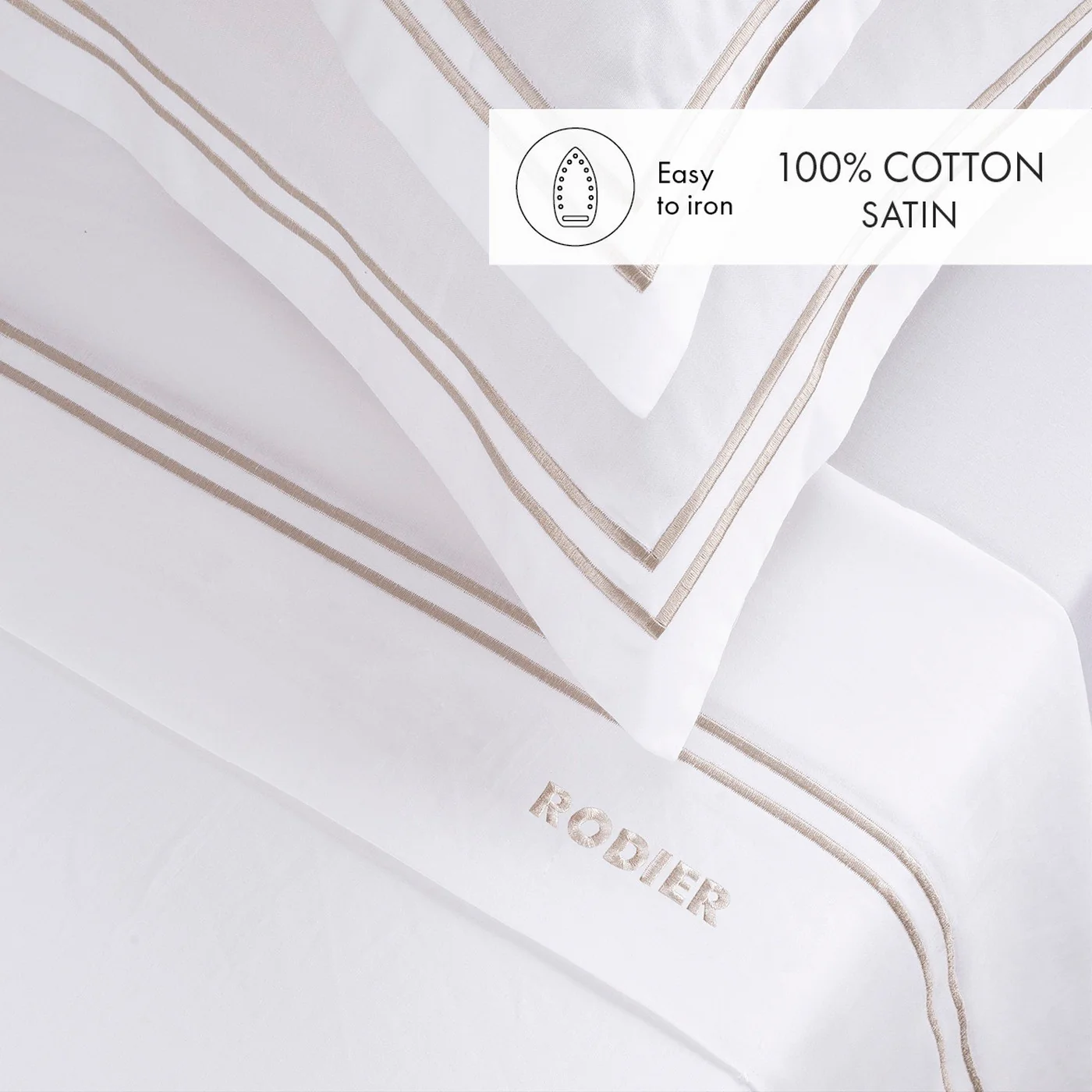Ensemble De Draps Satin De Coton - Taupe / Blanc - Nice - Image 3