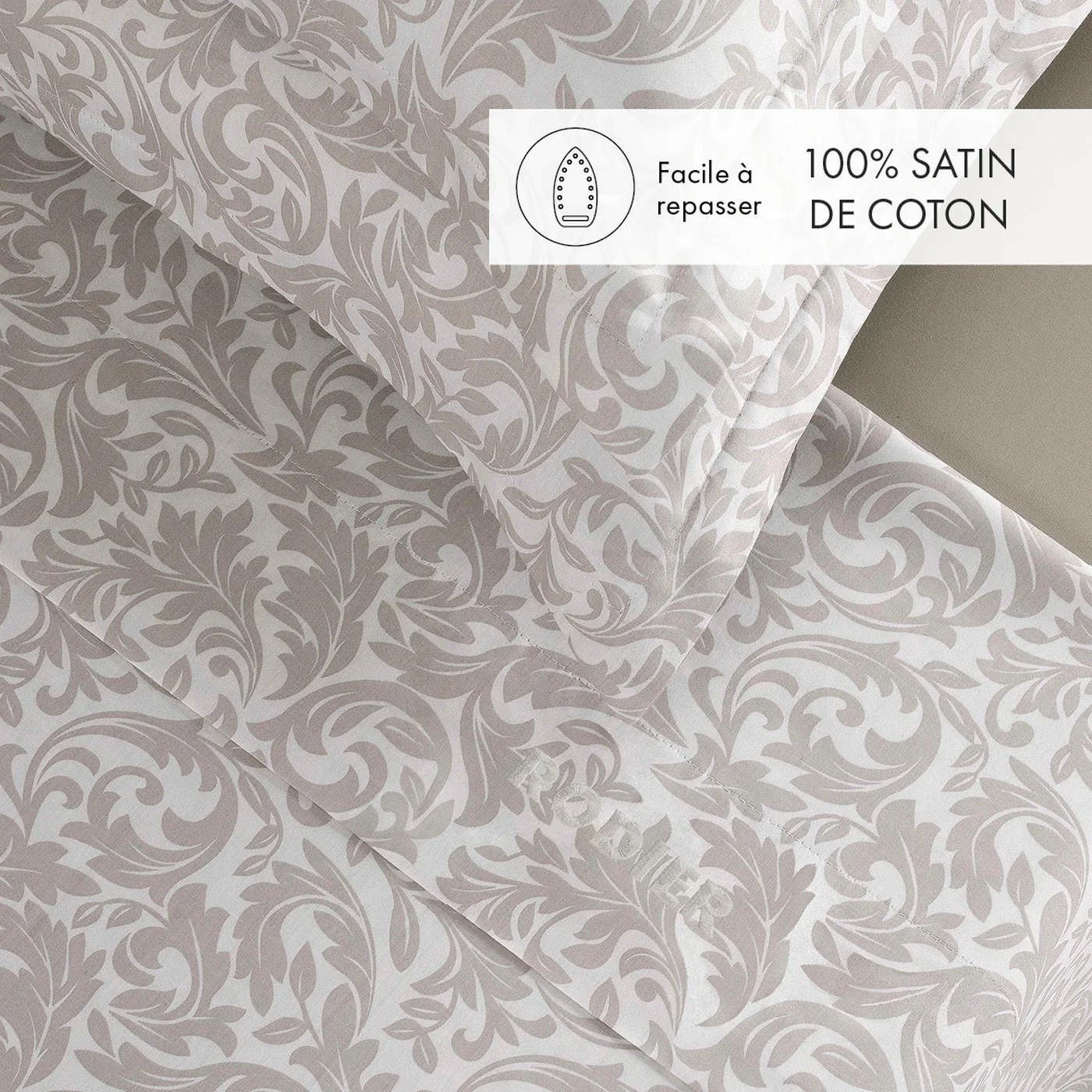 Ensemble De Draps Satin De Coton - Taupe - Damask Floralia - Image 2